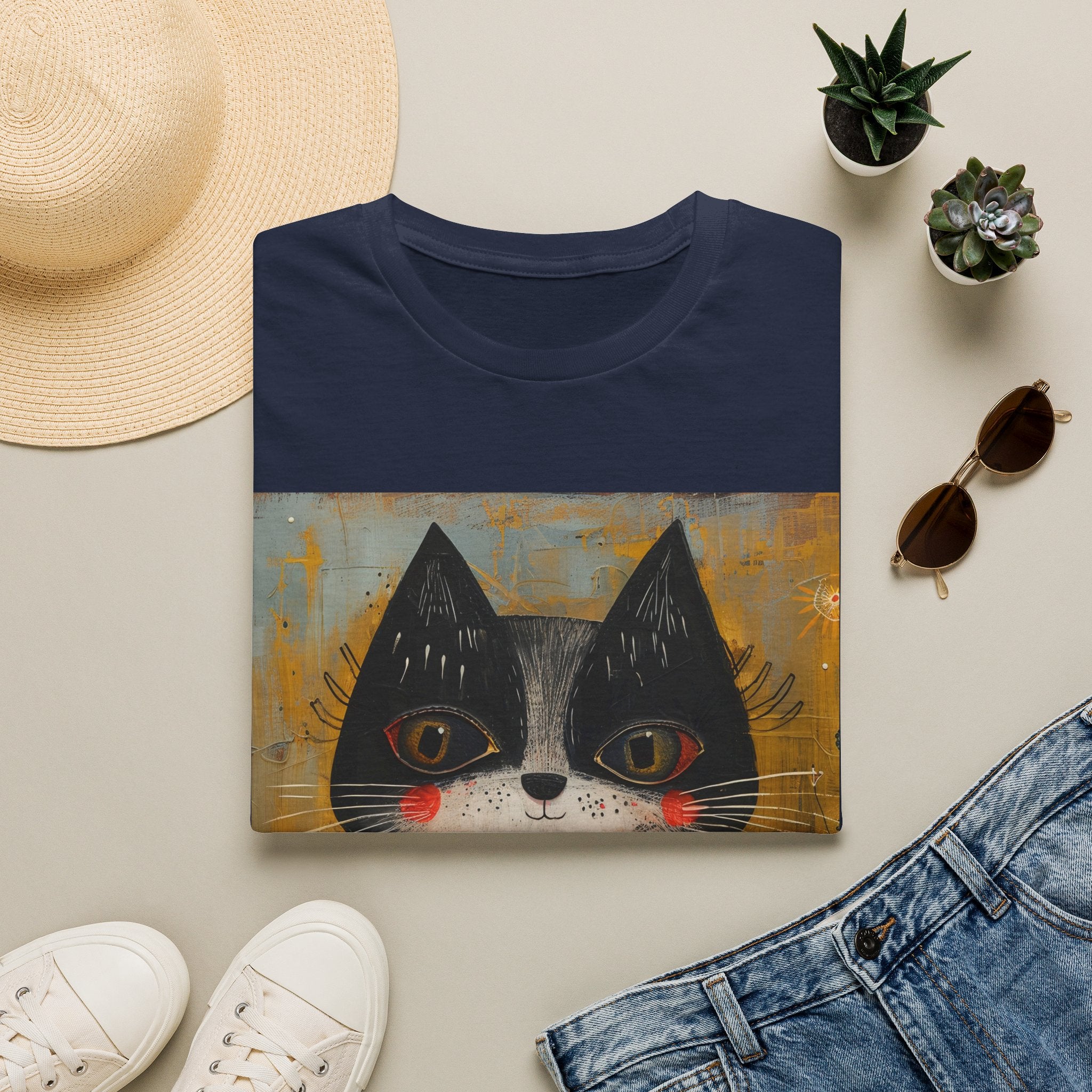 Whimsical Black & White Cat Tee — Cute Floral Portrait T-Shirt