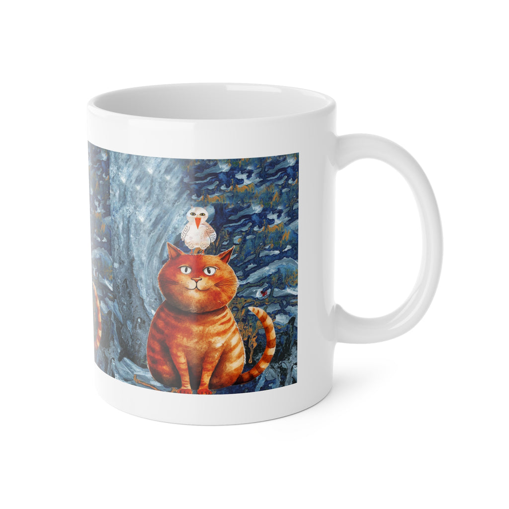 Cat & Bird Winter Mug — Whimsical Illustrated Cat with Snowy Forest Scene, 11oz Ceramic
