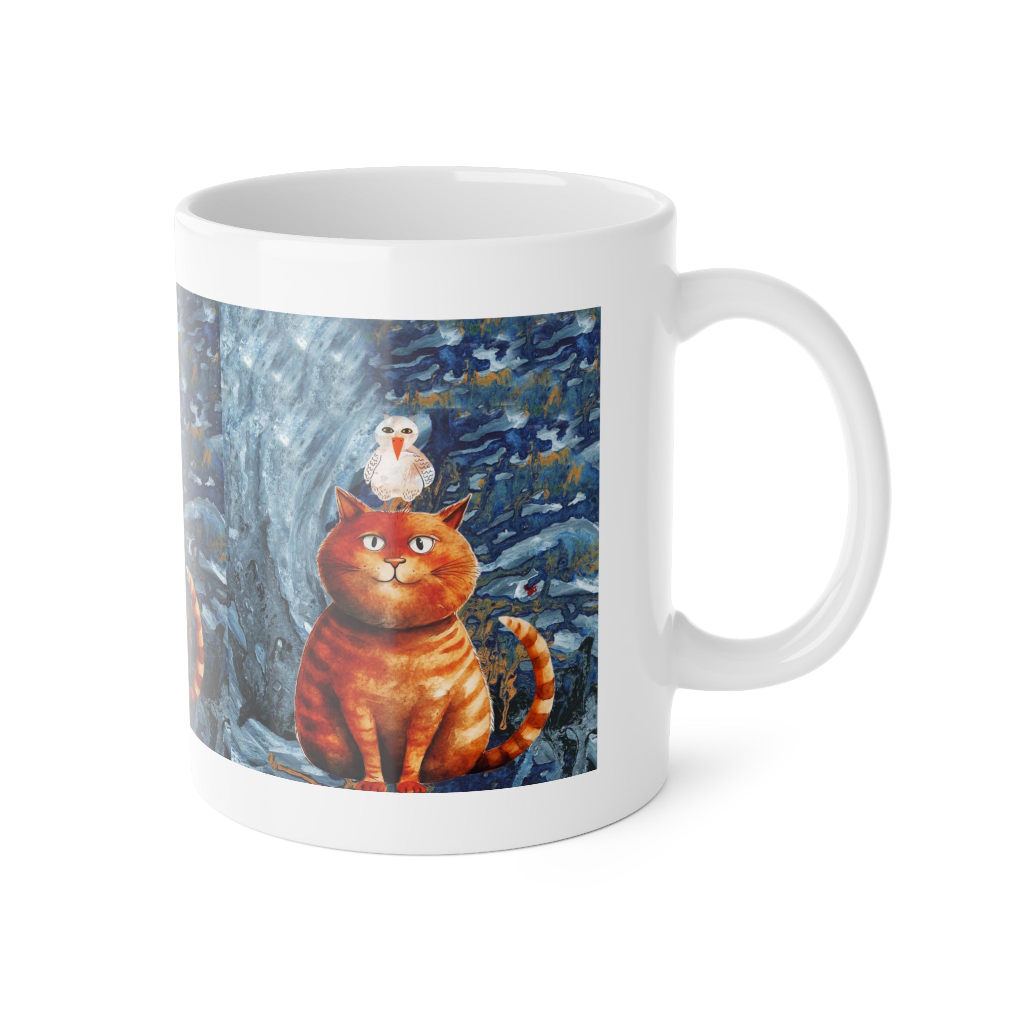 Cat & Bird Winter Mug — Whimsical Illustrated Cat with Snowy Forest Scene, 11oz Ceramic