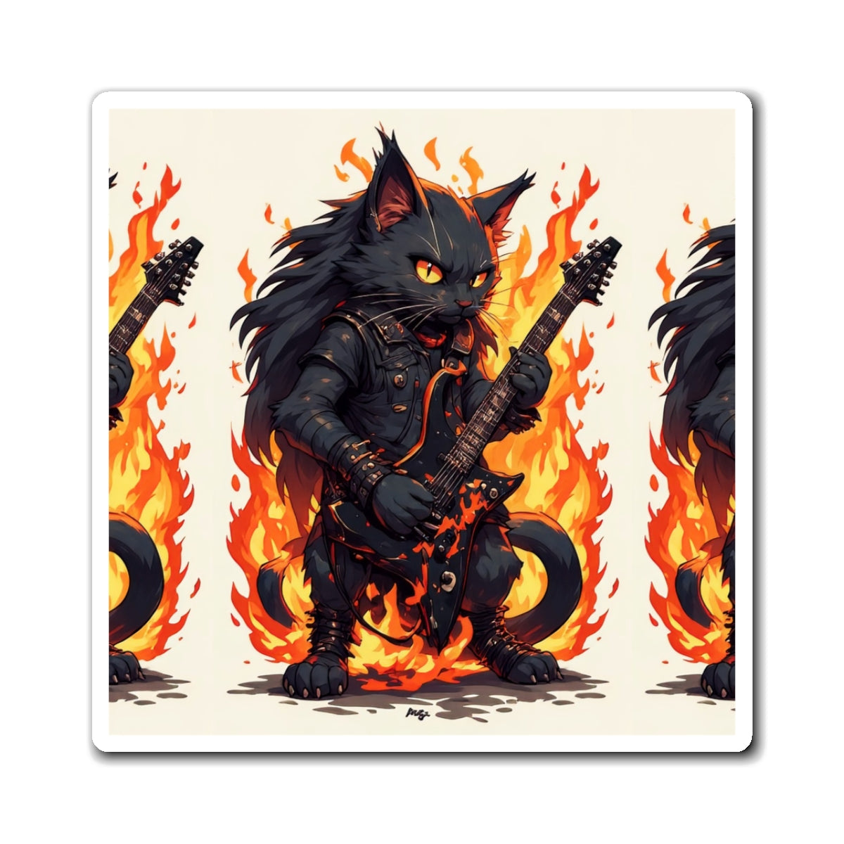 Flaming Rock Cat Magnet — Heavy Metal Guitar Kitty Refrigerator Magnet