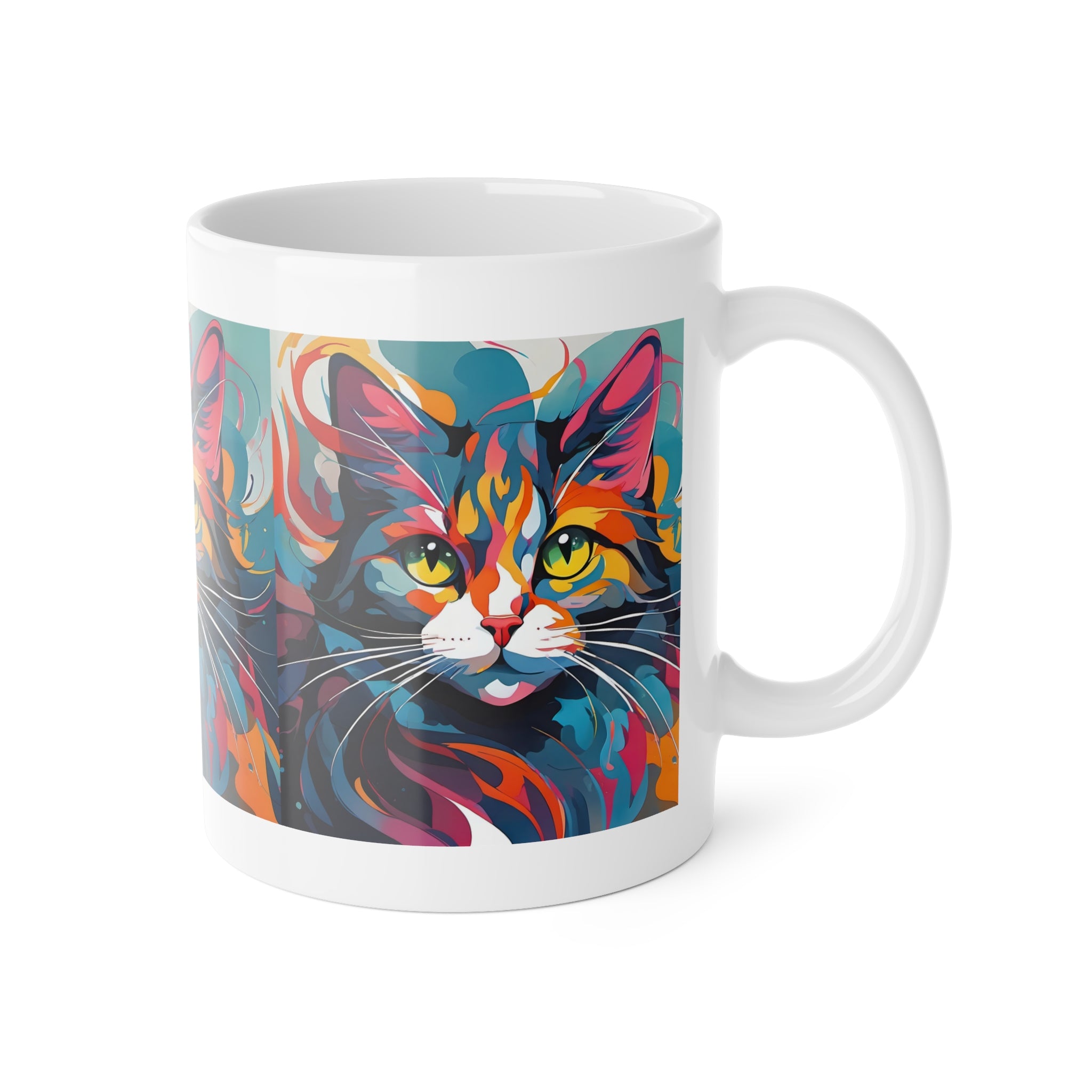 Colorful Cat Face Ceramic Mug — Vibrant Pop Art Cat Coffee Cup, 11oz