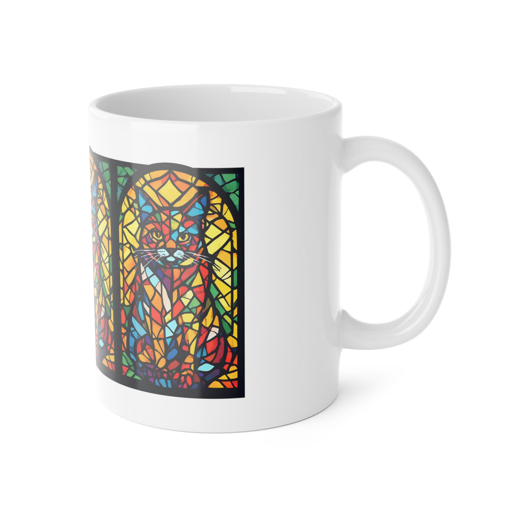 Stained Glass Cat Mug — 11oz Ceramic Coffee Cup, Colorful Cathedral-Style Cat Art