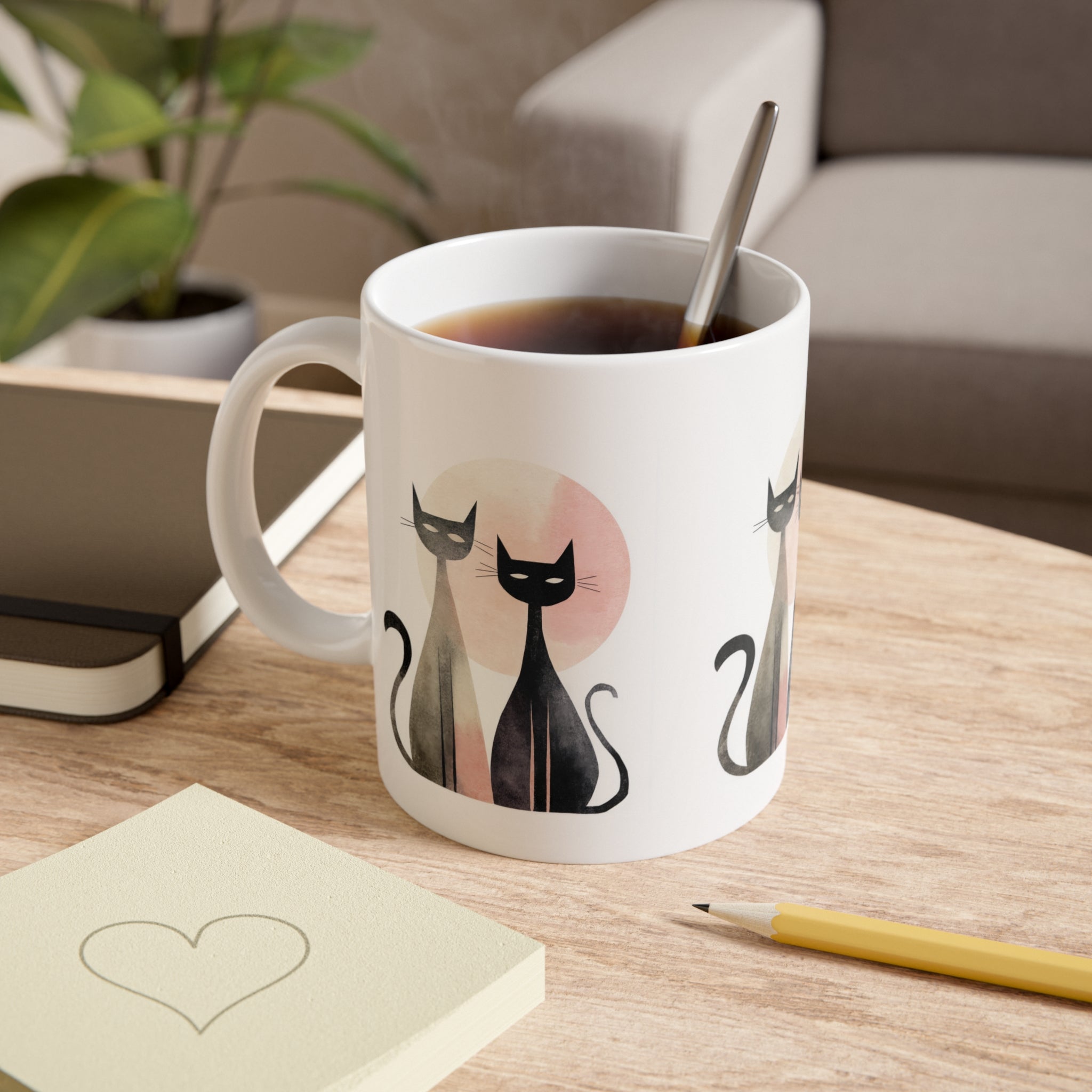 Cat Couple Ceramic Mug — Cute Black Cats with Sun Silhouette, 11oz