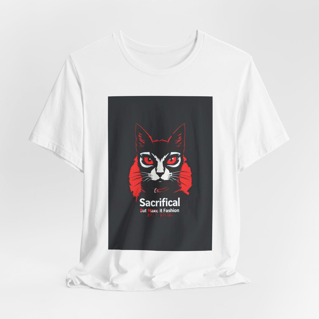 Sacrificial Cat Graphic Tee — Red & Black Retro Cat Portrait T-Shirt