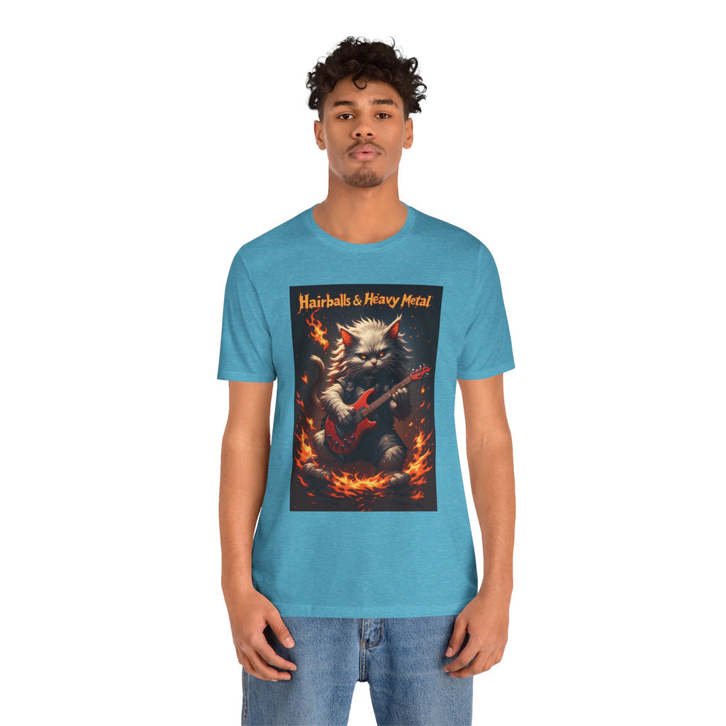 Hairballs & Heavy Metal T‑Shirt — Cat Guitarist Rock Tee