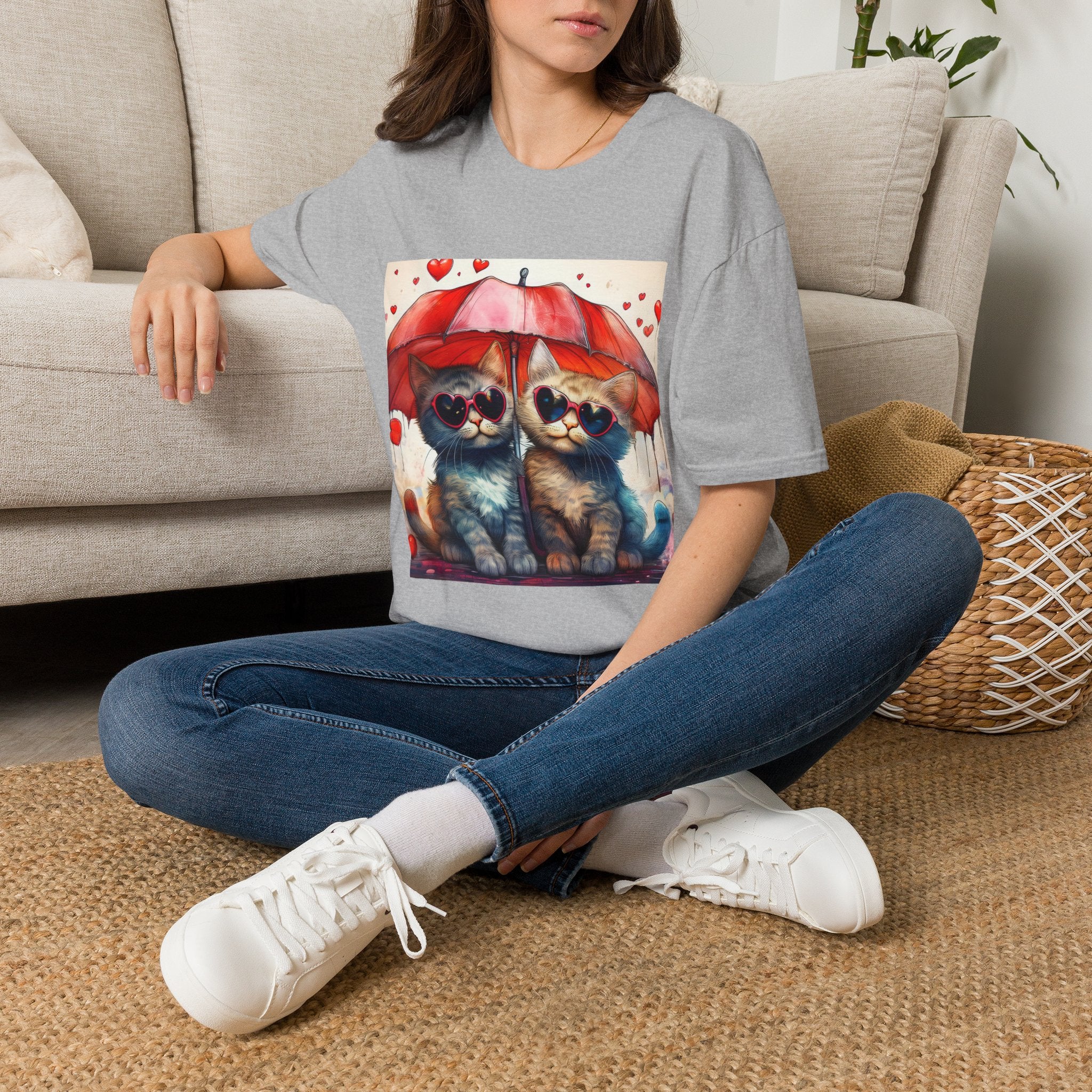 Cat Love T-Shirt — Kittens with Heart Sunglasses Under Red Umbrella