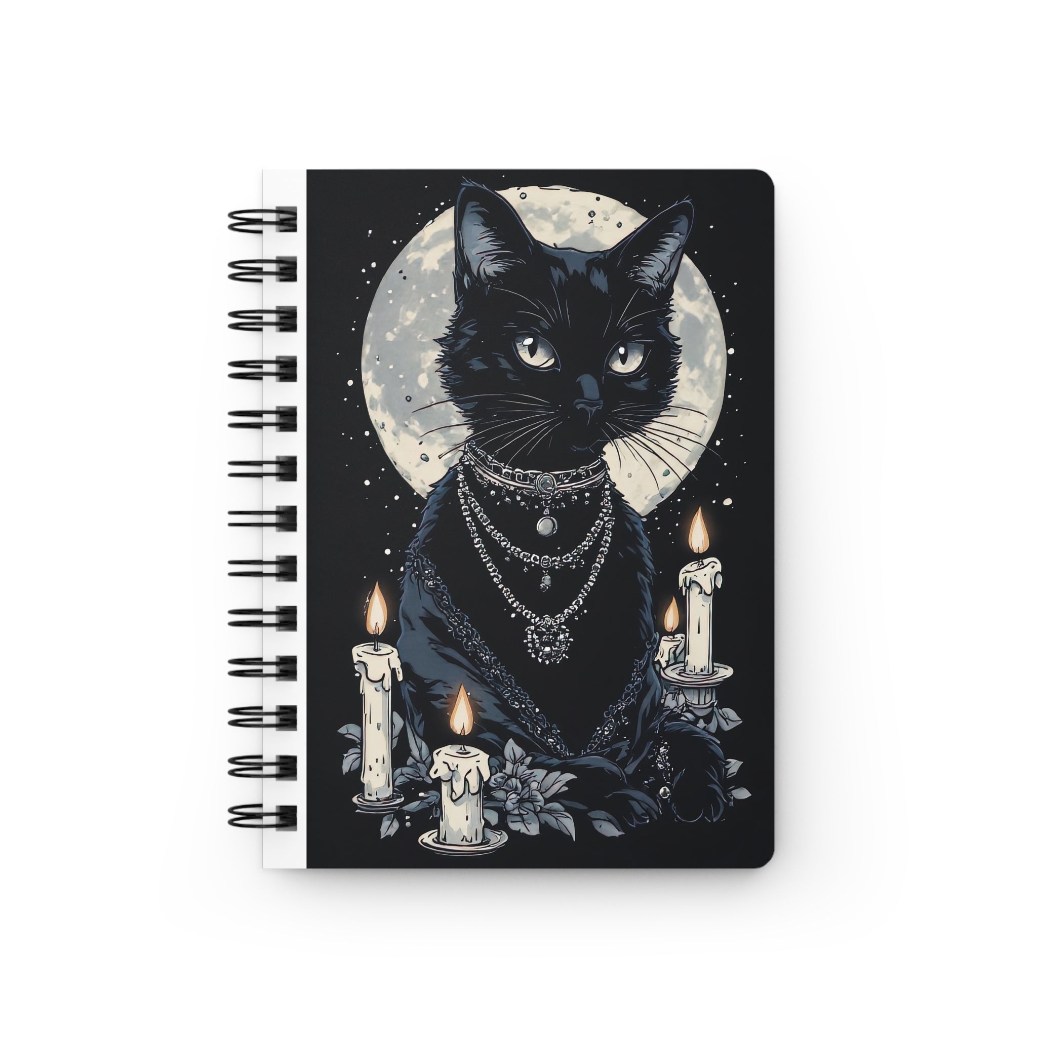 Mystic Black Cat Spiral Notebook — Gothic Moon Journal with Candles