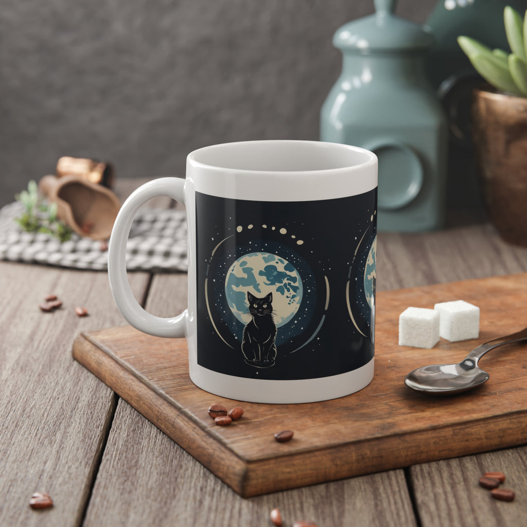 Cat Moon Mug — Black Cat Sitting in Front of Full Moon Ceramic Coffee Cup
