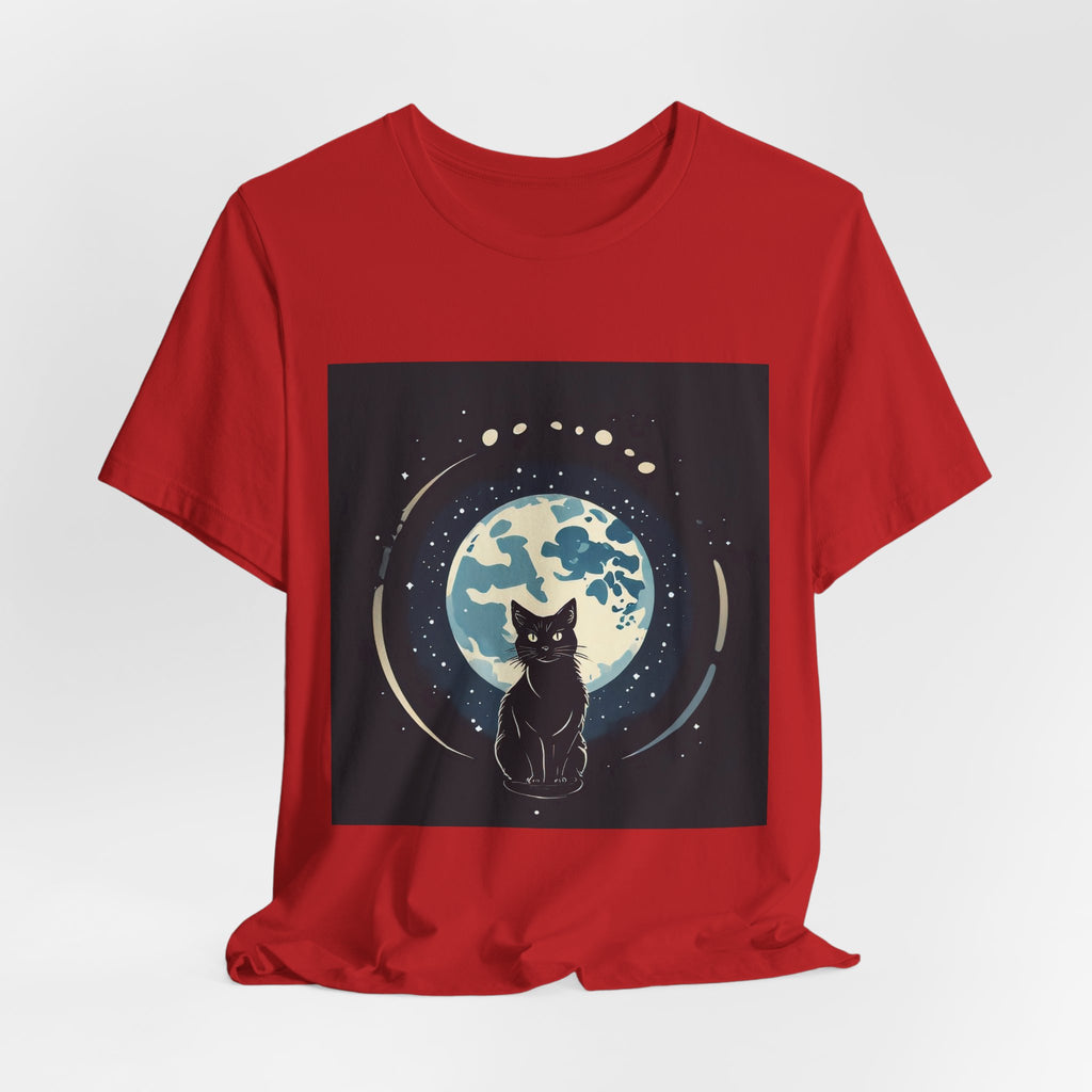 Moonlit Cat T‑Shirt — Black Cat Silhouette with Full Moon Graphic