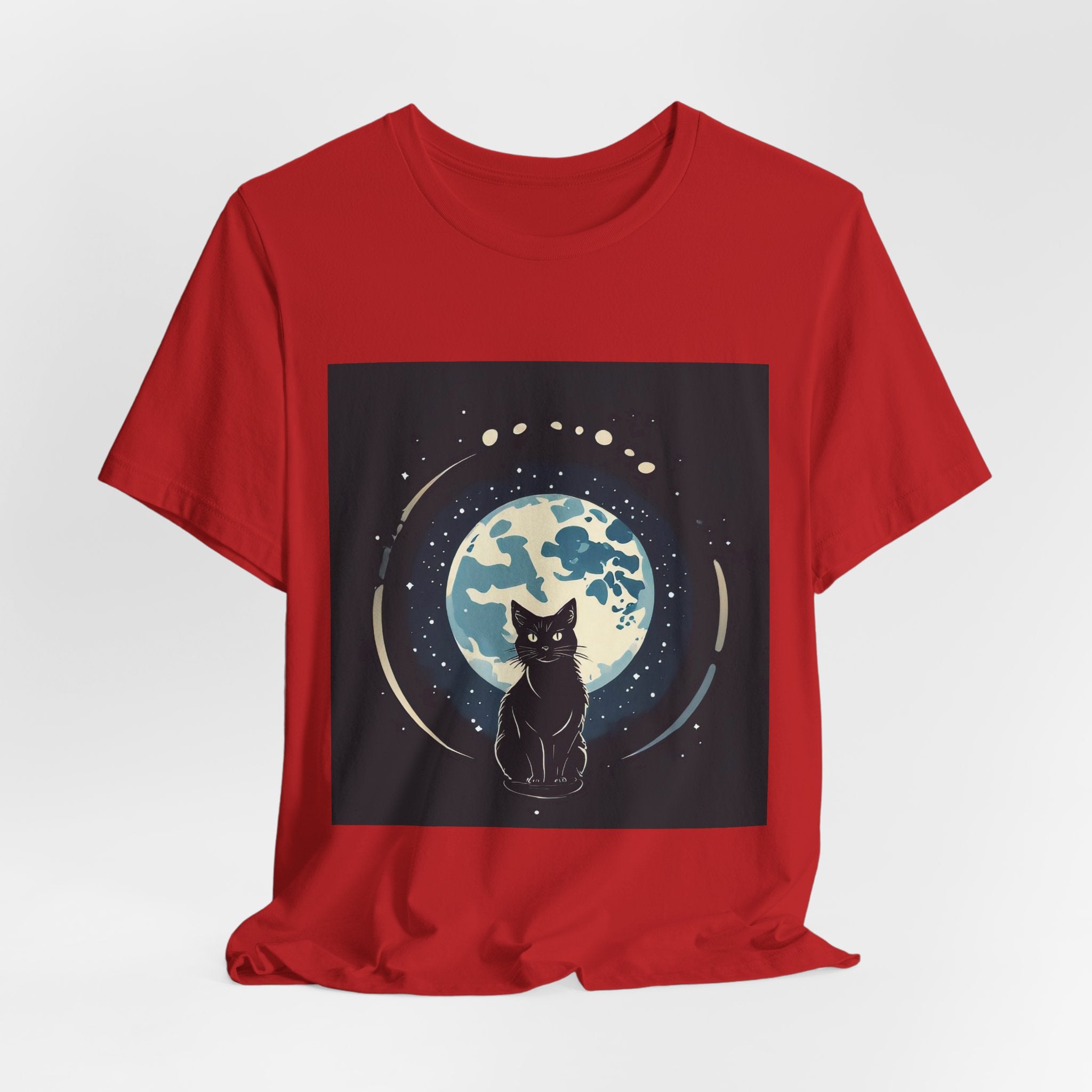 Moonlit Cat T‑Shirt — Black Cat Silhouette with Full Moon Graphic
