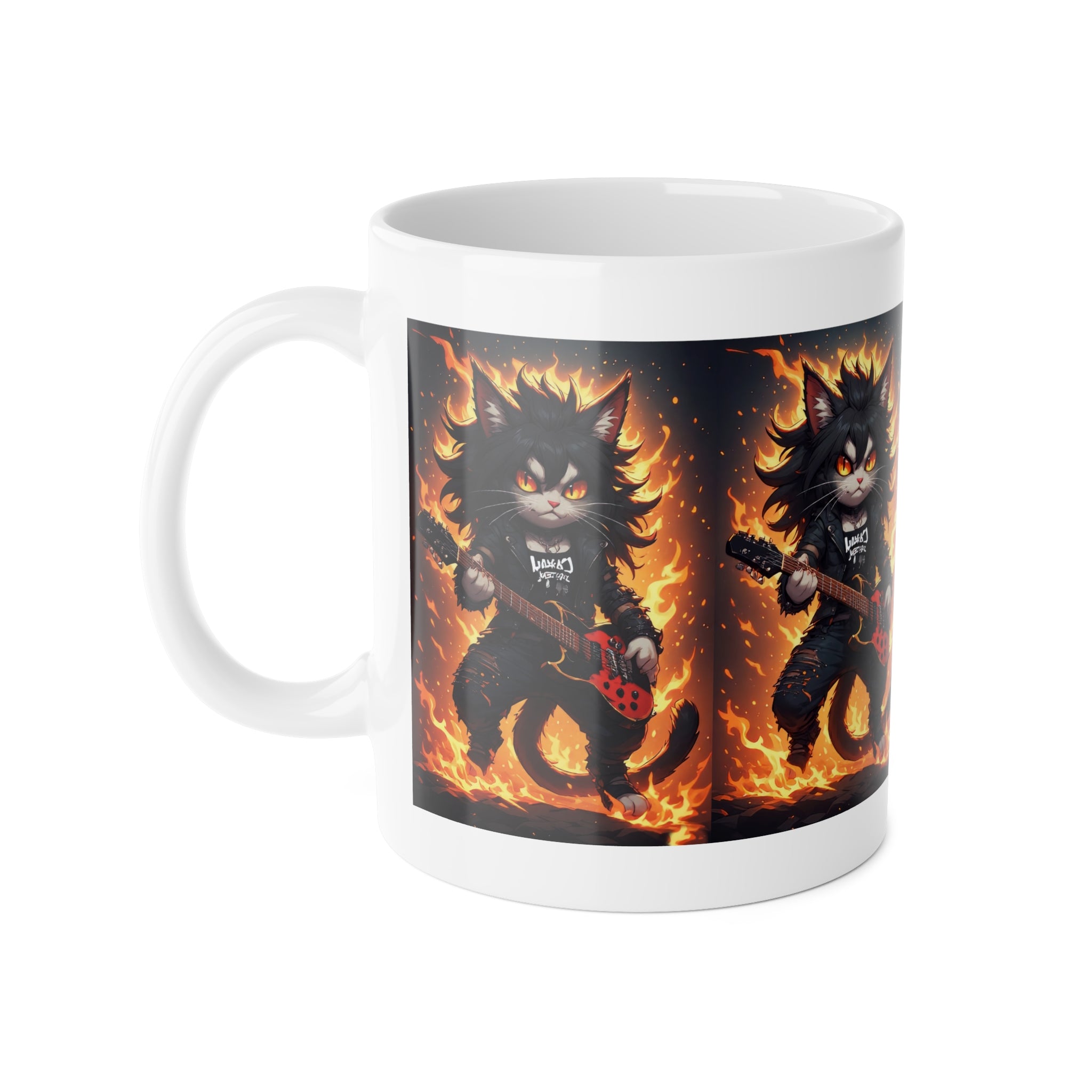 Rock Cat Flame Guitar Mug — Heavy Metal Black Kitty Coffee Cup
