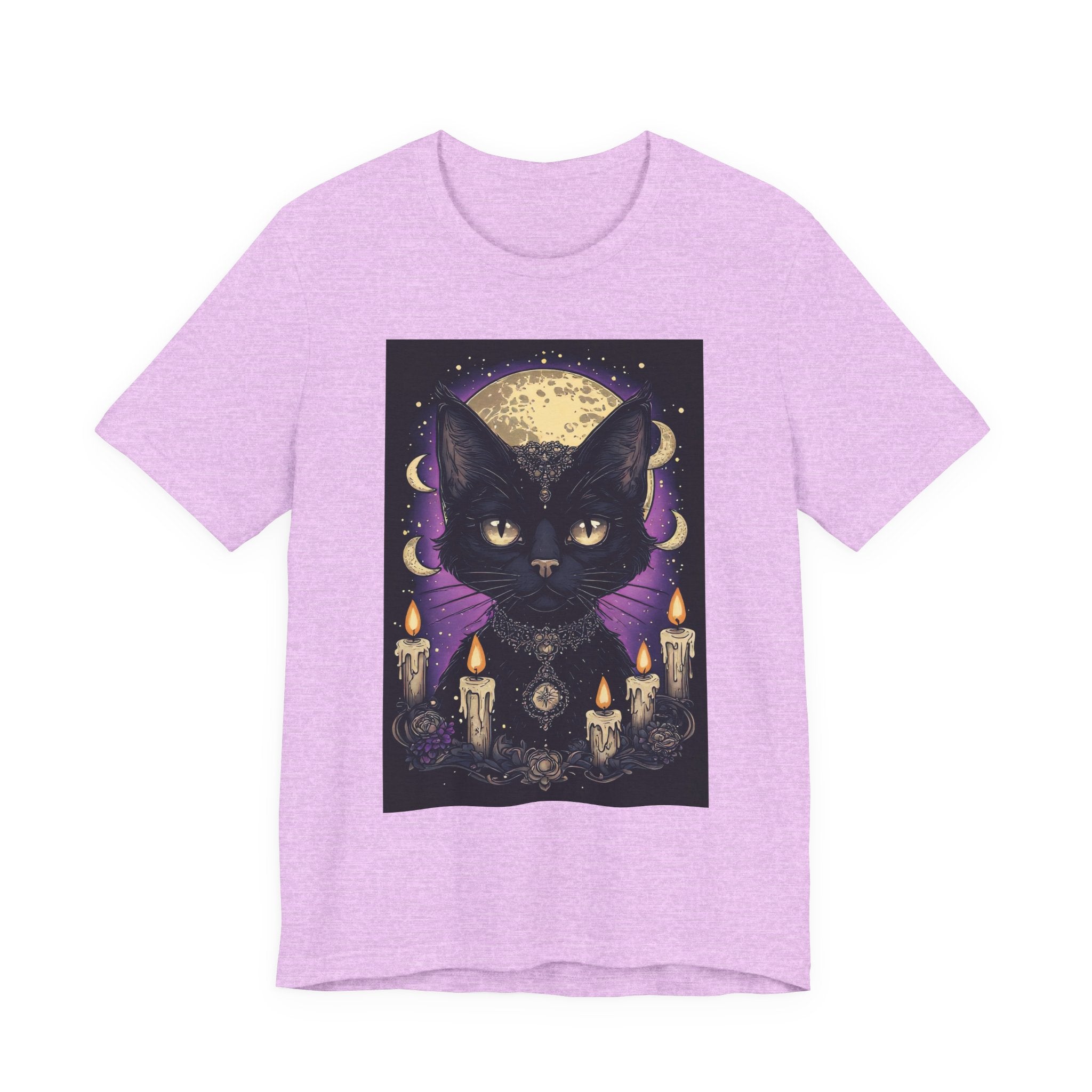 Mystic Black Cat Tee — Moon, Candles & Crescent Phases Graphic T-Shirt