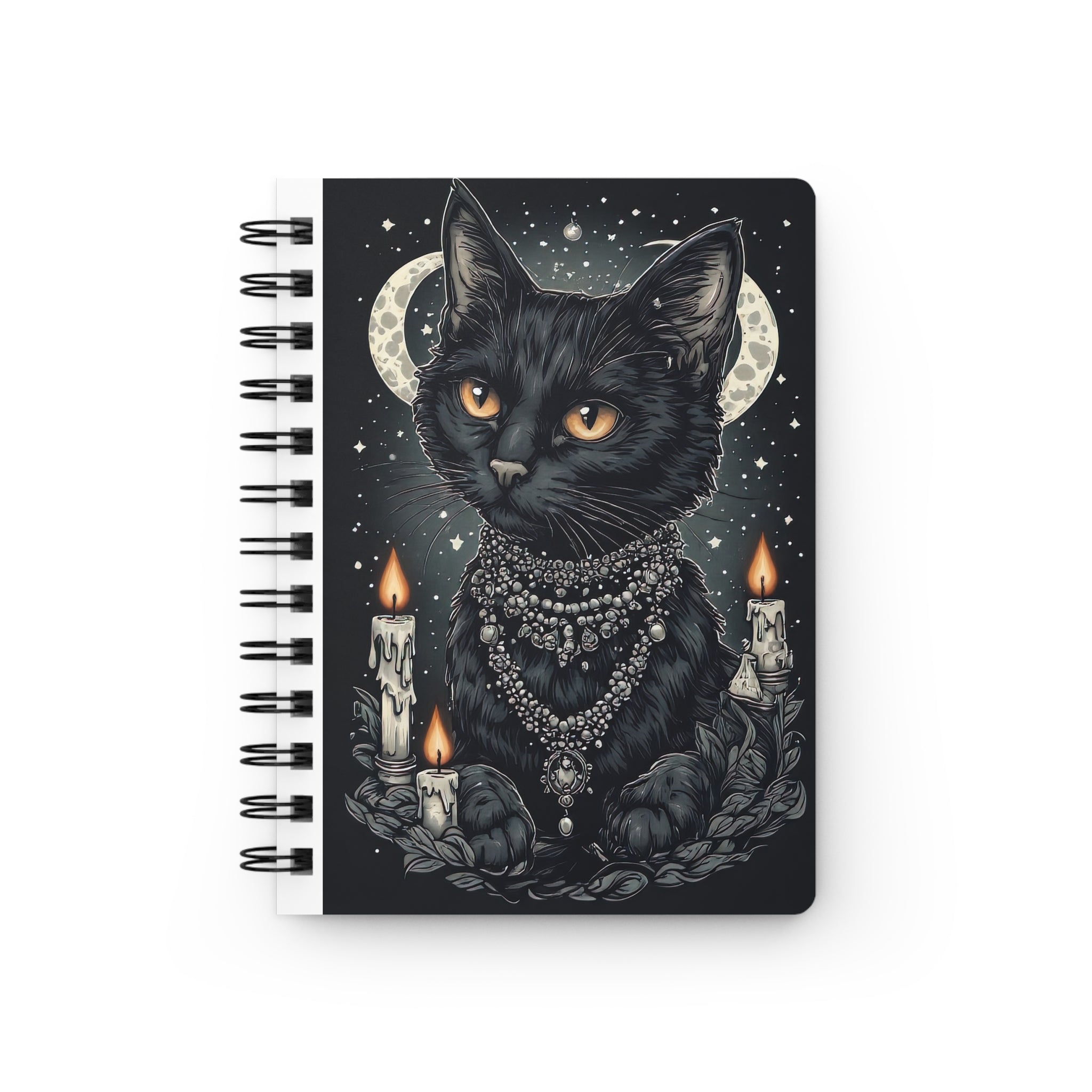 Gothic Black Cat Spiral Journal — Moonlit Cat with Candles & Beads