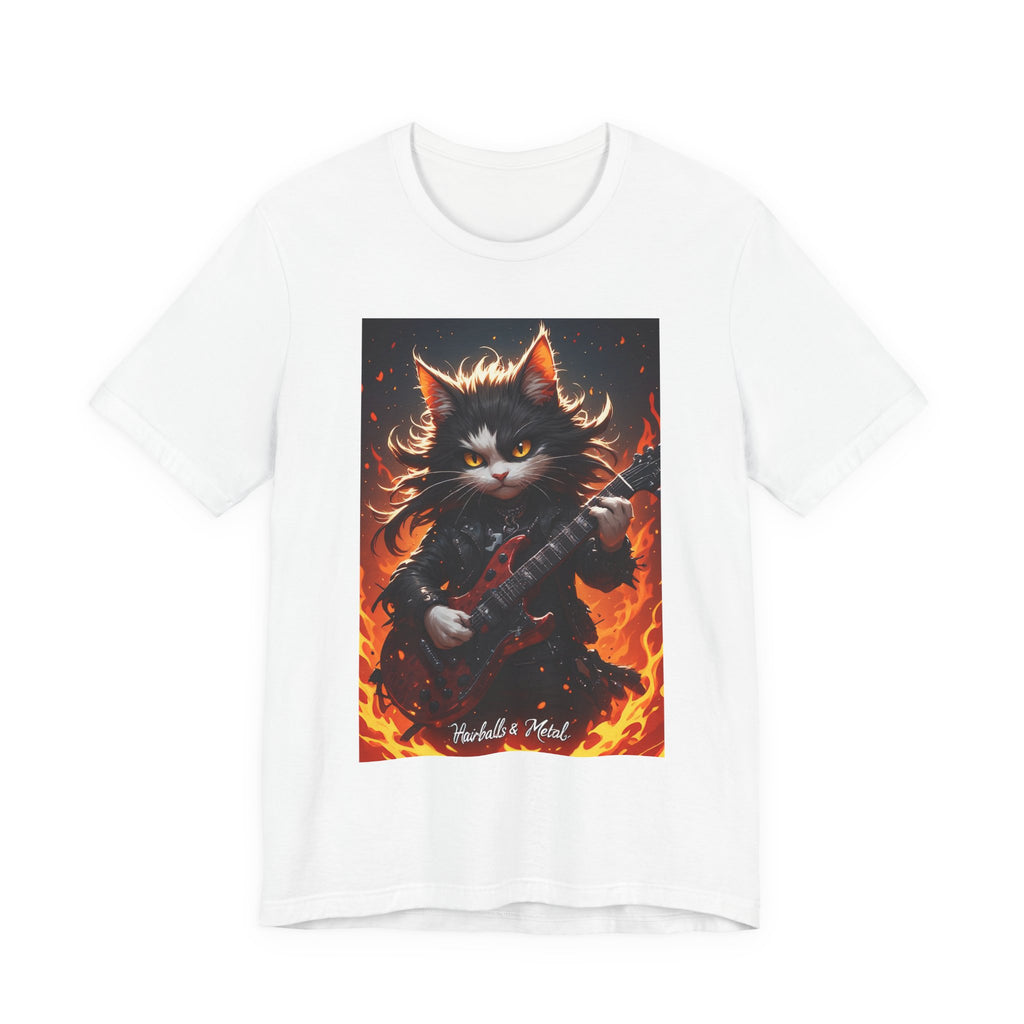Flaming Rock Cat T‑Shirt — Guitarist Kitty in Flames Graphic Tee