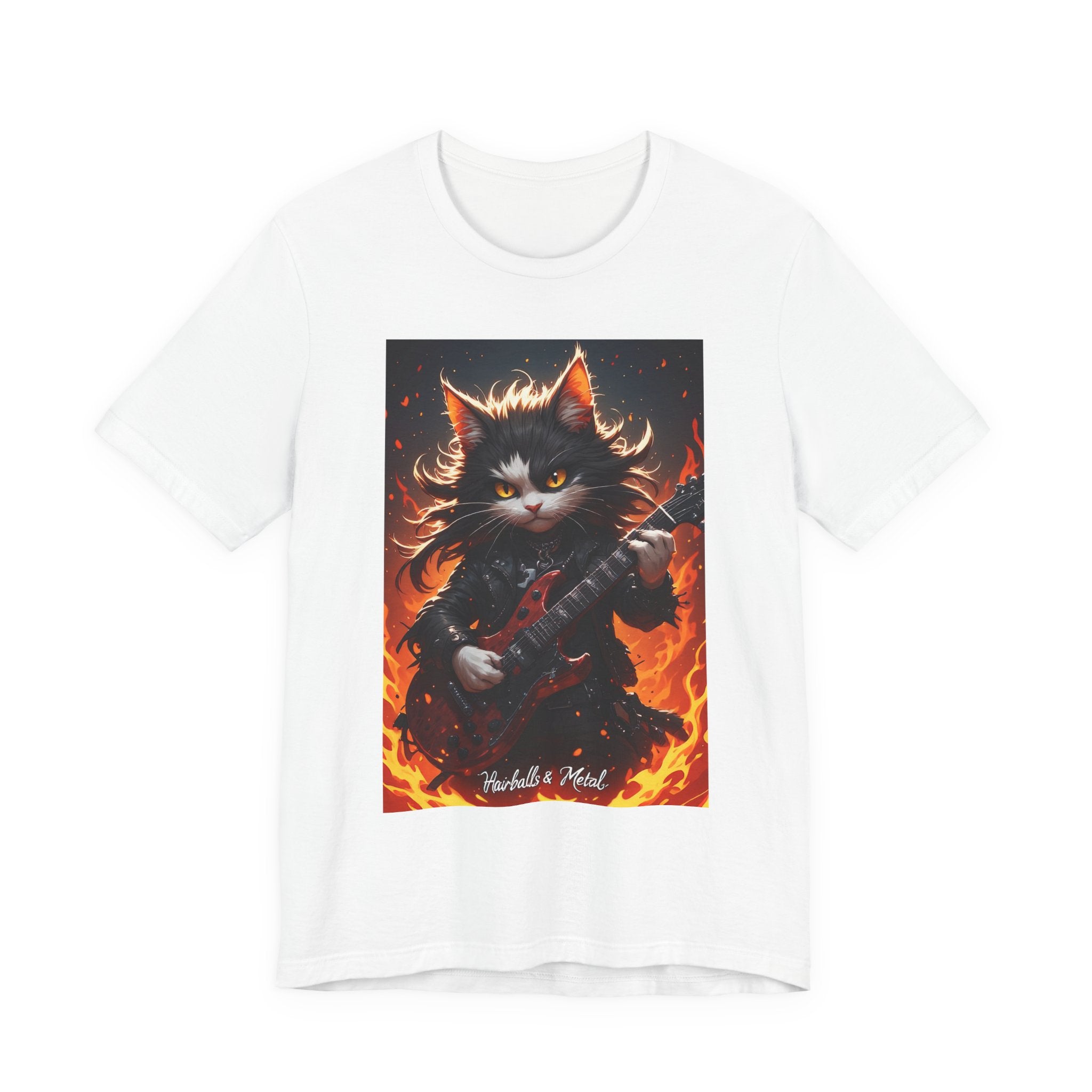 Flaming Rock Cat T‑Shirt — Guitarist Kitty in Flames Graphic Tee