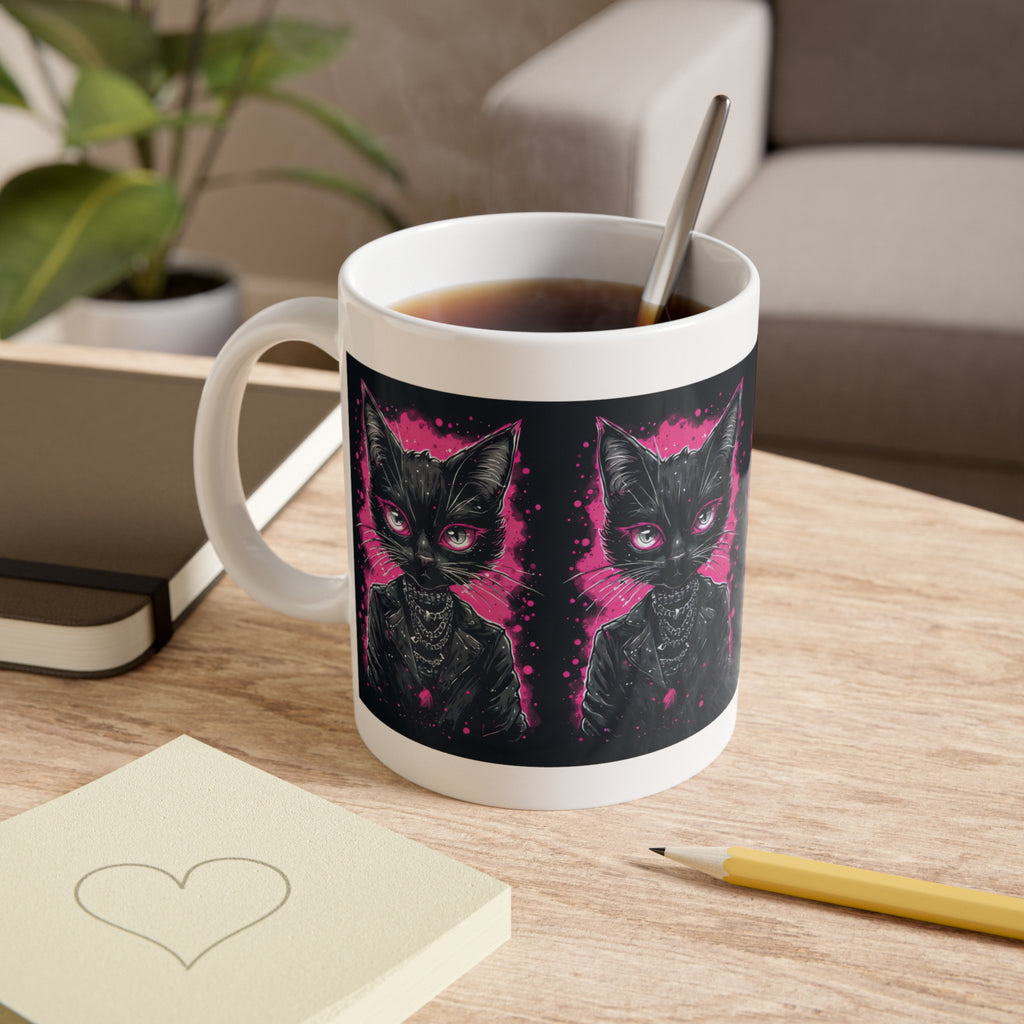 Gothic Black Cat Mug — Pink Neon Kitty Portrait Ceramic Coffee Cup, Cute Alternative Gift