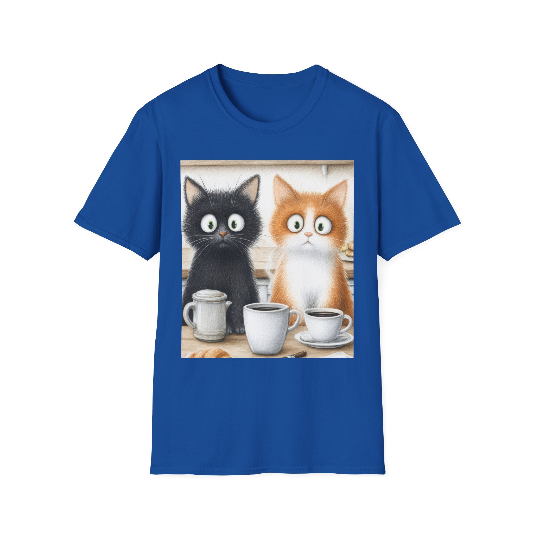 Cute Coffee Cats T‑Shirt — Wide‑Eyed Black & Ginger Kittens Graphic Tee