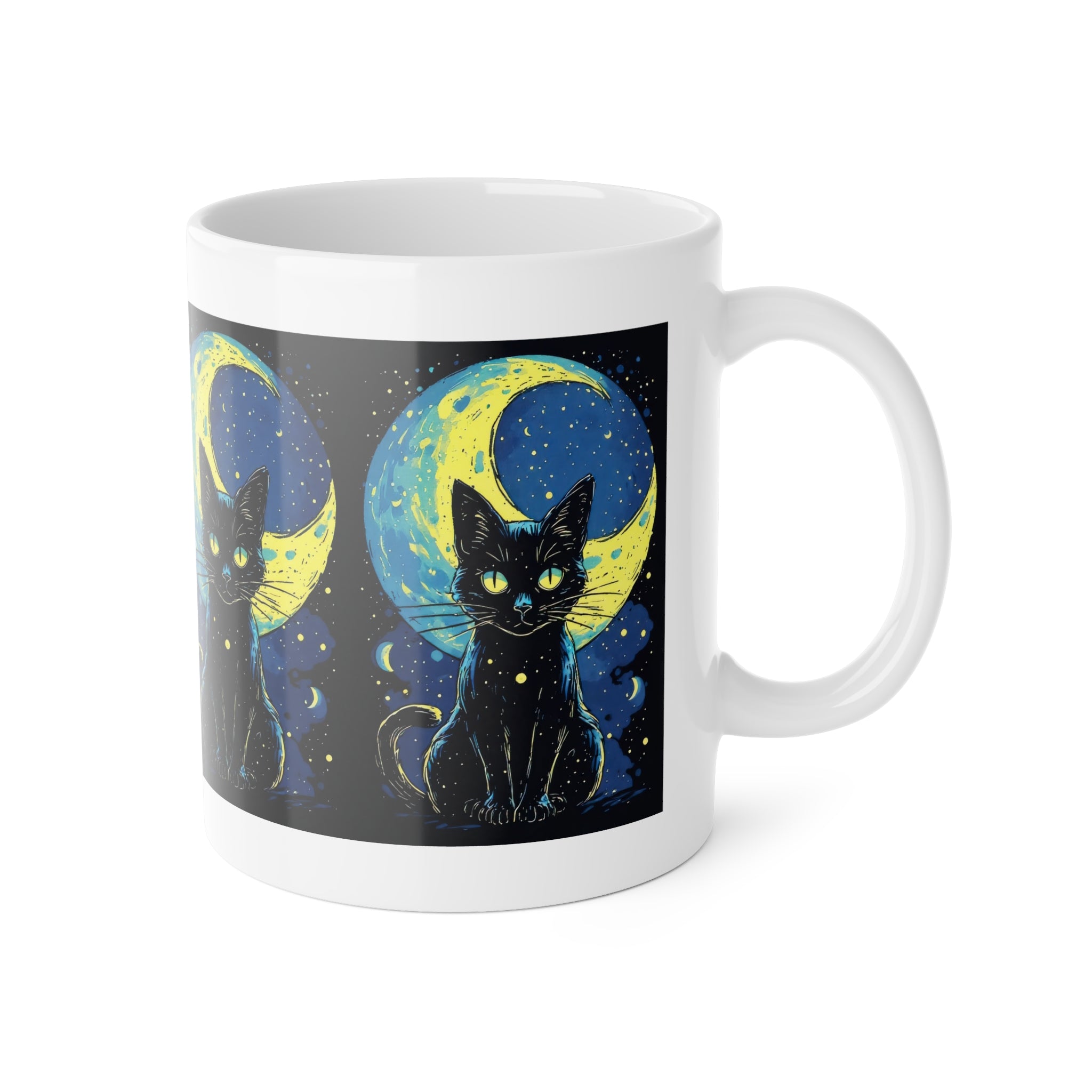 Black Cat Moon Mug — Cute Night Sky Ceramic Coffee Cup