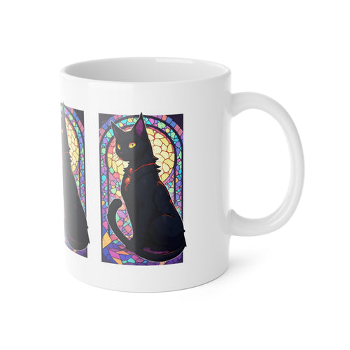 Black Cat Stained Glass Ceramic Mug — 11oz Gothic Cat Coffee Cup