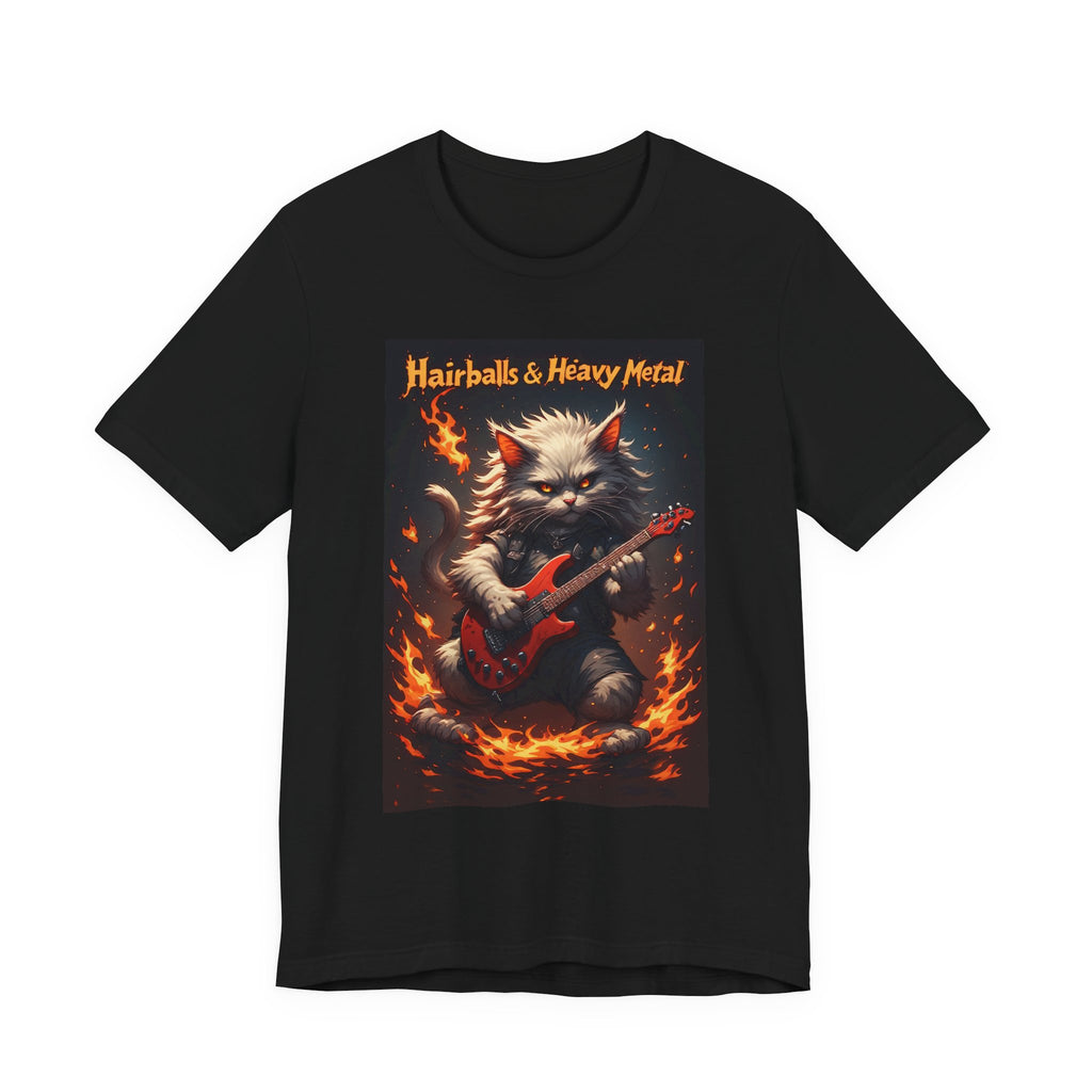 Hairballs & Heavy Metal T‑Shirt — Cat Guitarist Rock Tee