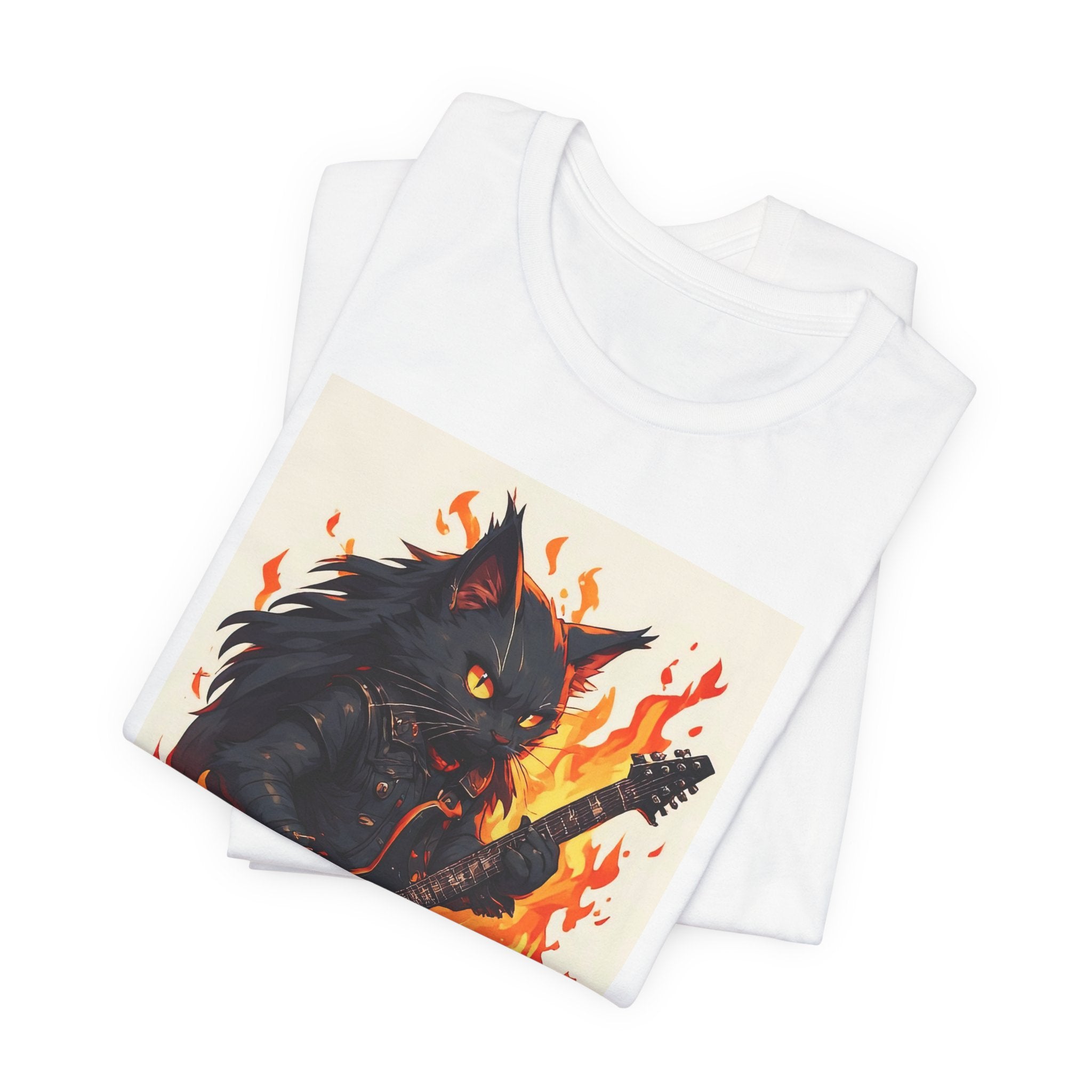 Flaming Rock Cat T-Shirt — Black Cat Guitarist Design