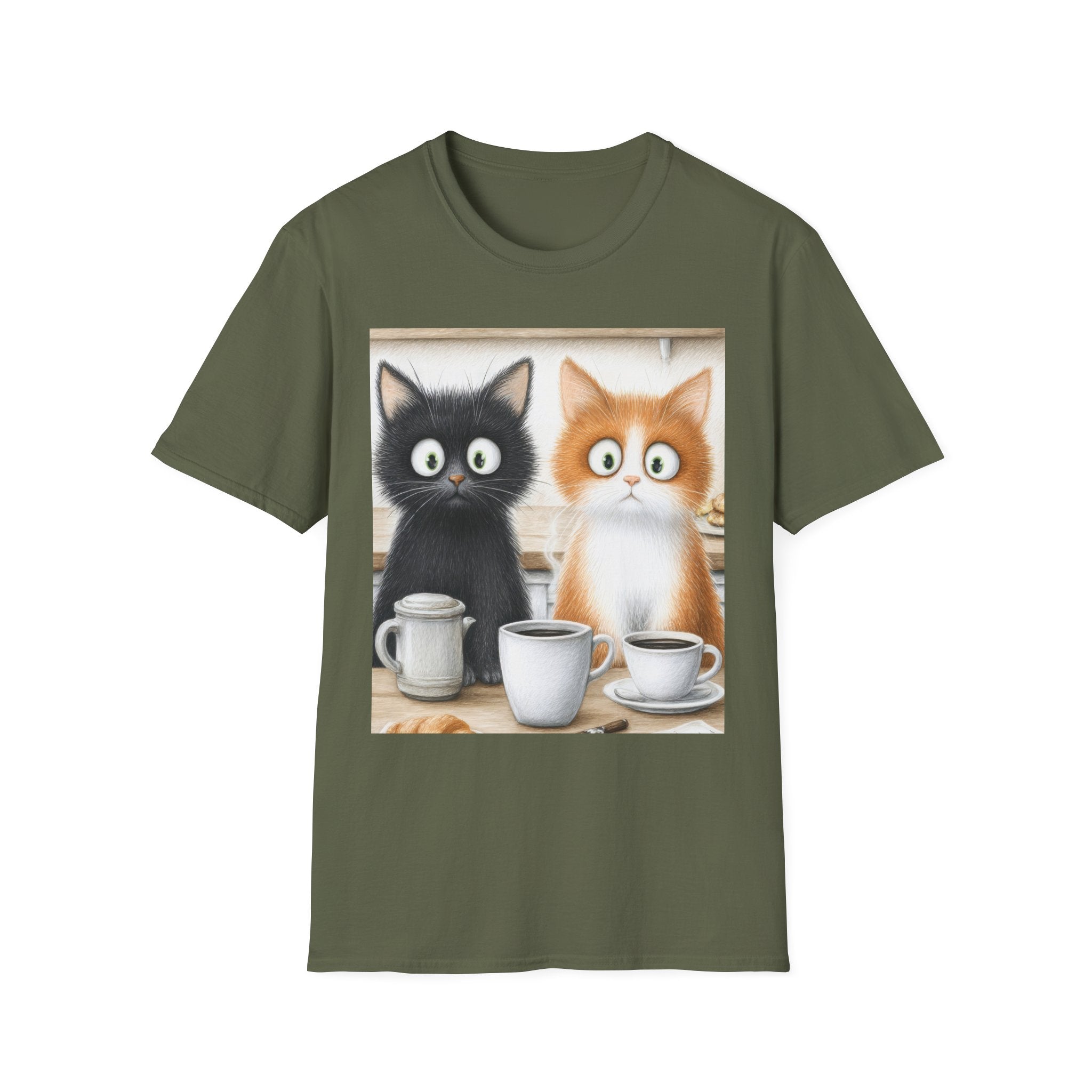 Cute Coffee Cats T‑Shirt — Wide‑Eyed Black & Ginger Kittens Graphic Tee