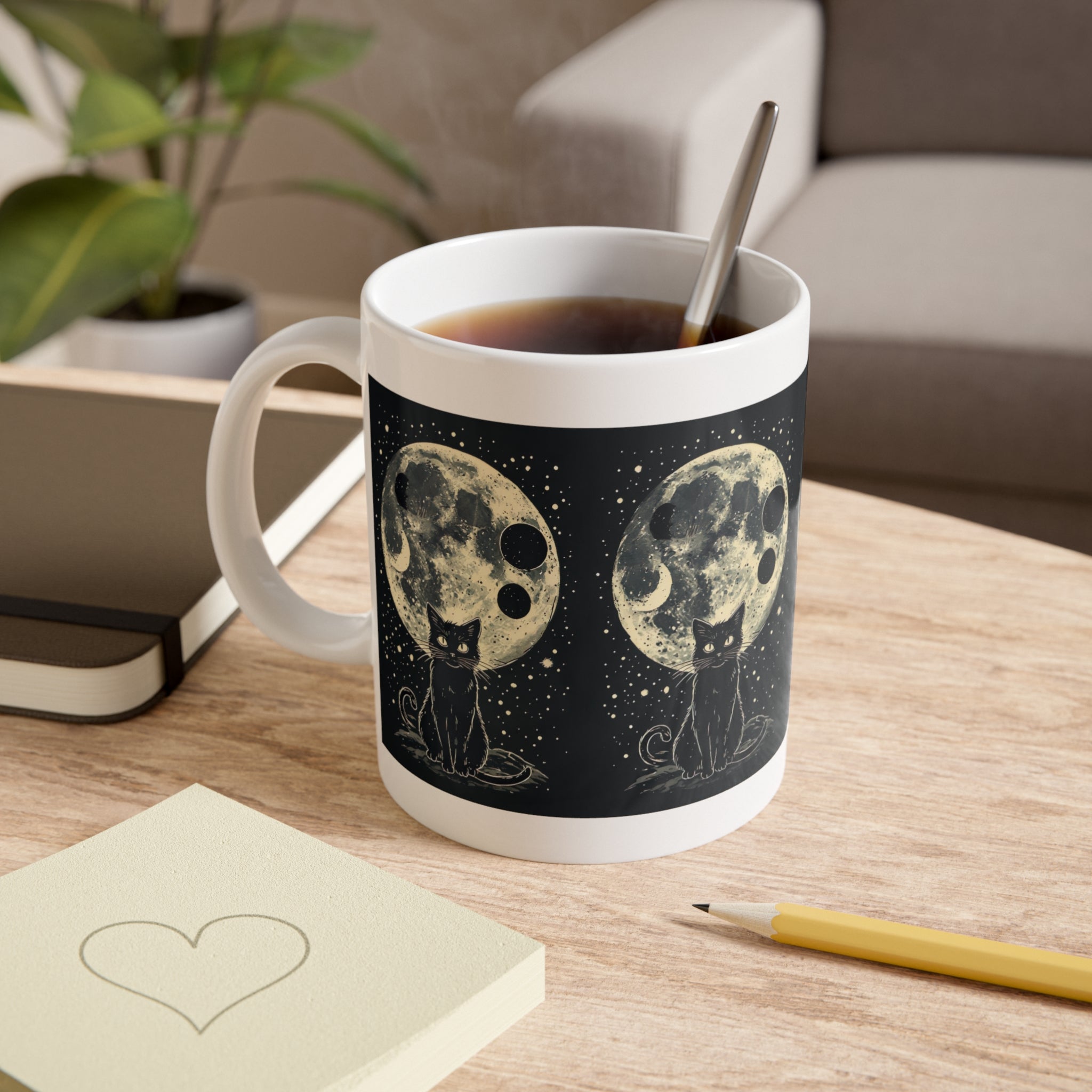 Black Cat Moon Ceramic Mug — Mystical Night Sky 11oz