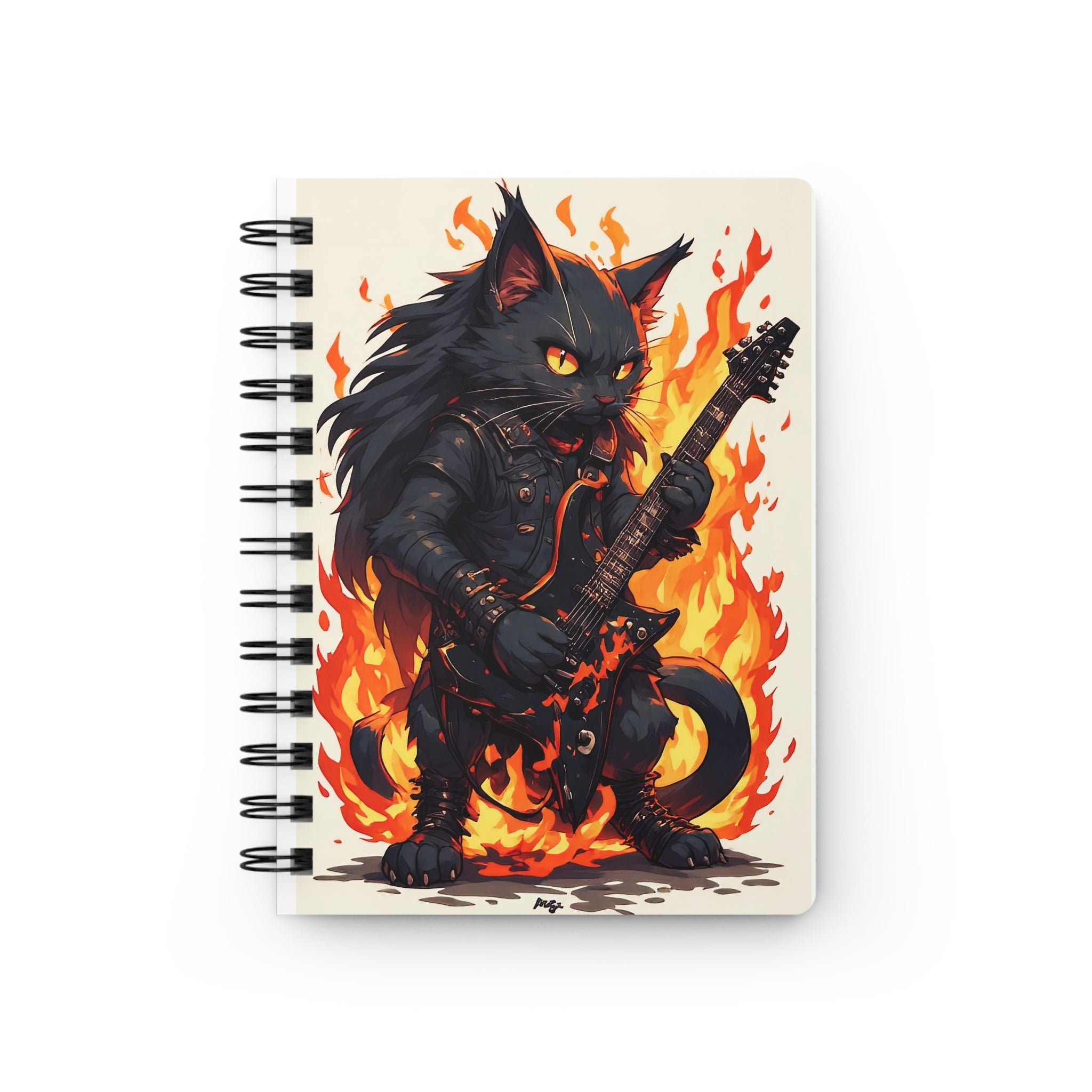 Flaming Rock Cat Spiral Bound Journal — Guitar-Wielding Black Cat Illustration