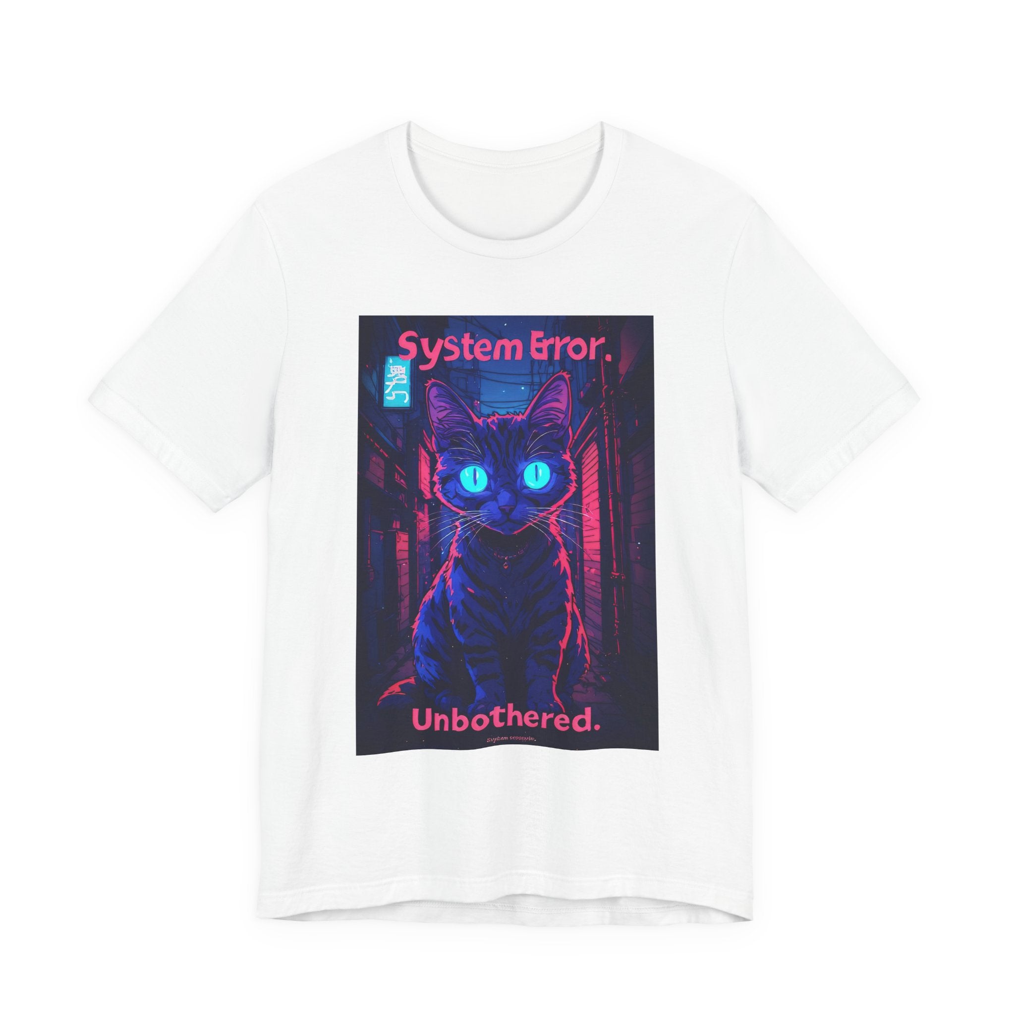 System Error Cat T-Shirt — Neon Cyberpunk Cat “Unbothered” Tee