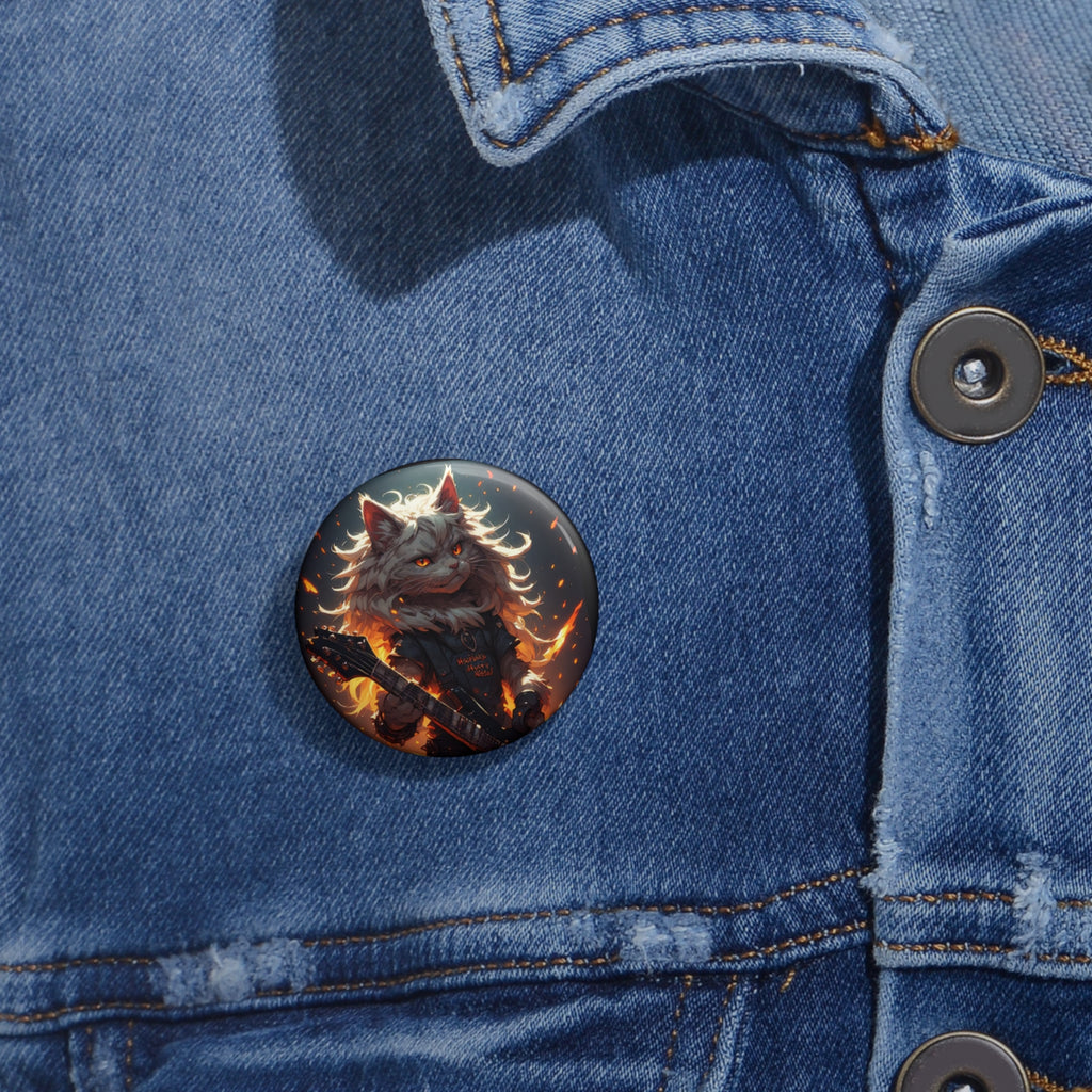 Flaming Warrior Cat Pin Button — Cute Feline Guitar Enamel-Style Badge