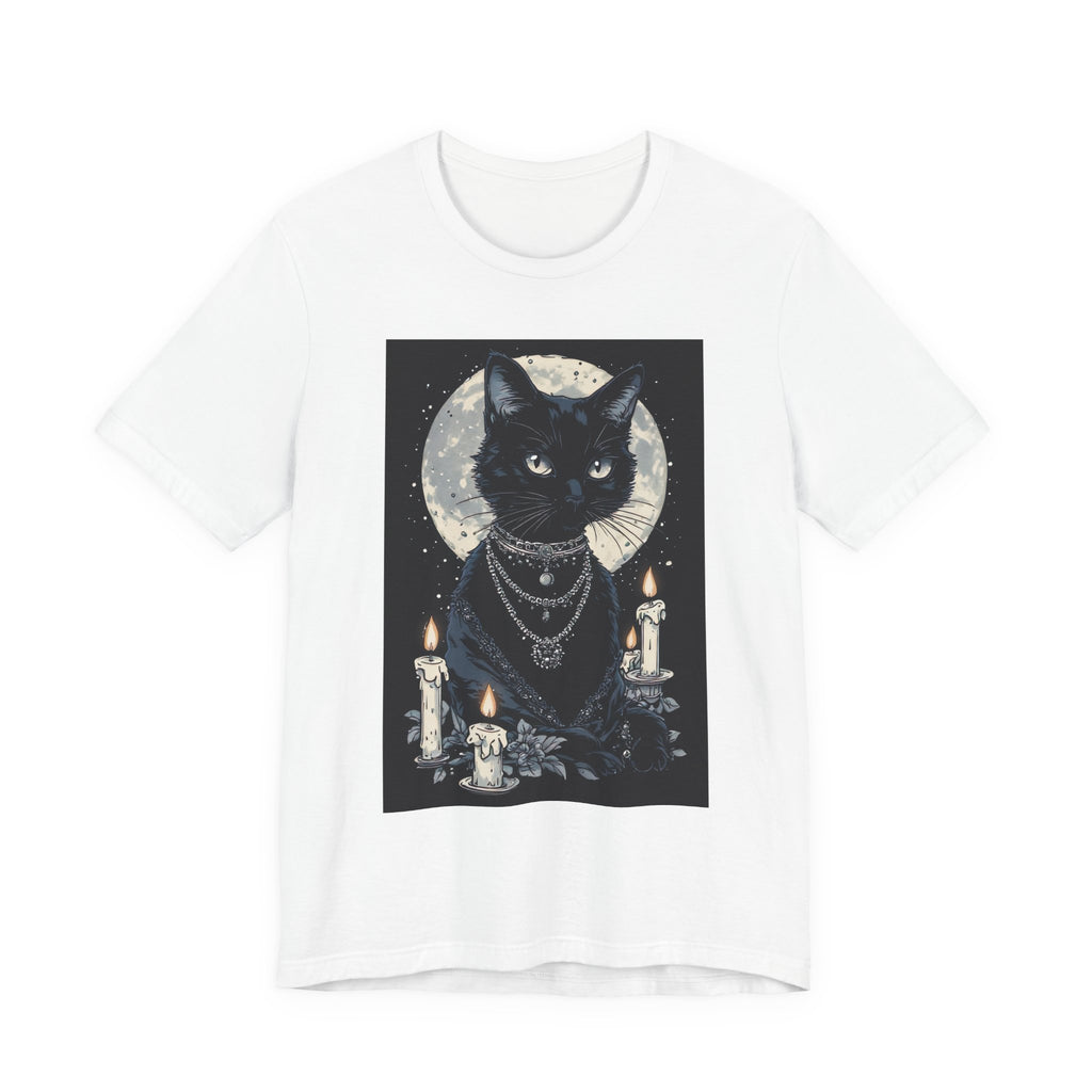 Mystic Moon Black Cat Tee — Gothic Cat T-Shirt with Candles & Crescent Moon