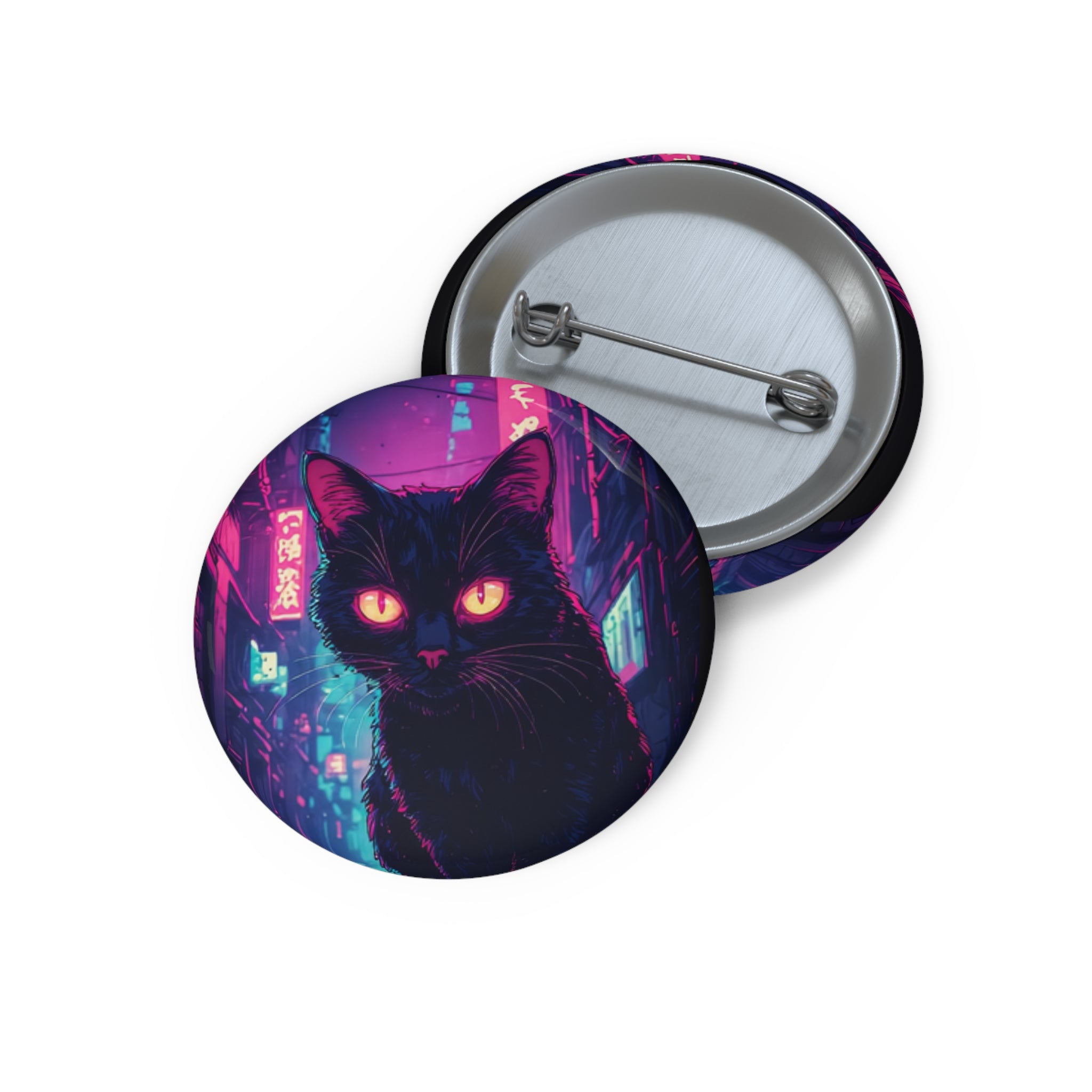 Neon Noir Cat Pin Button — Cyberpunk Black Cat Enamel-Style Badge