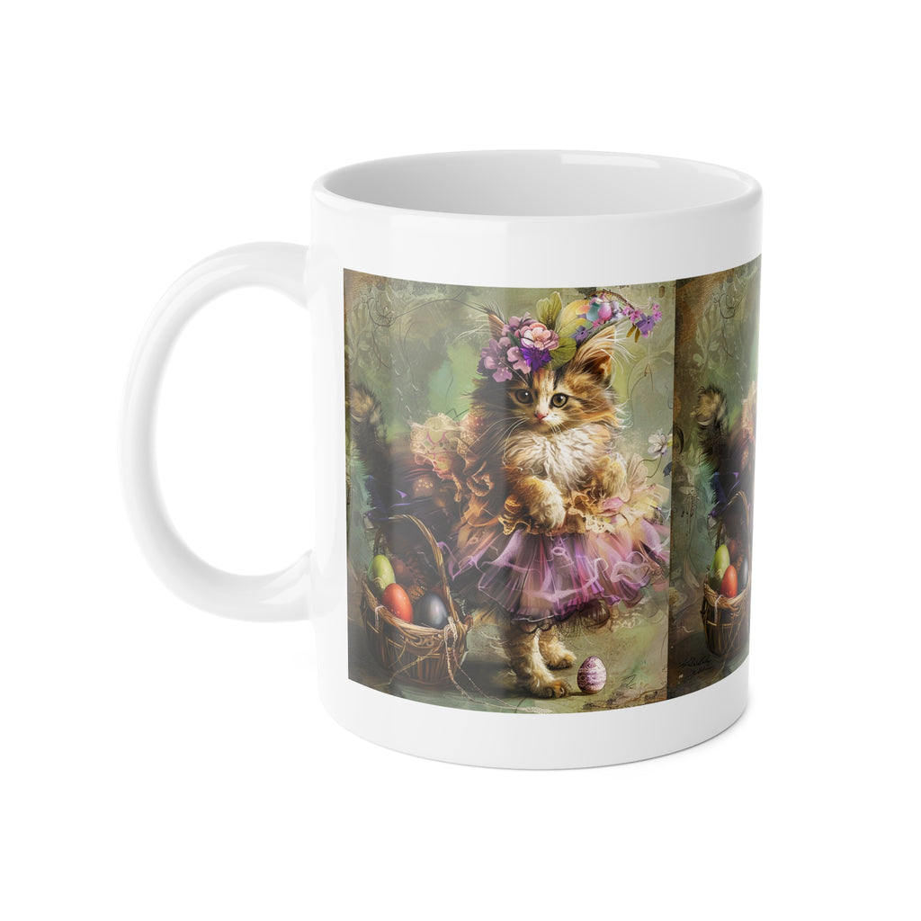 Easter Kitten Ceramic Mug — Vintage Floral Cat in Tutu 11oz