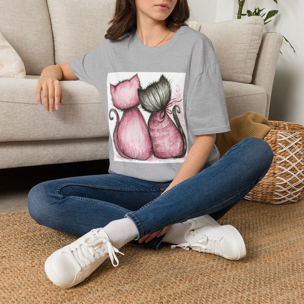 Sweetheart Cats T-Shirt — Pink & Gray Kitty Love Graphic Tee