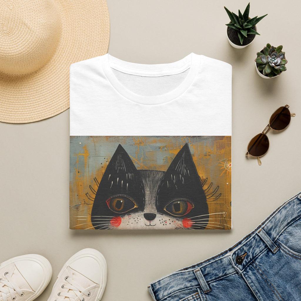 Whimsical Black & White Cat Tee — Cute Floral Portrait T-Shirt