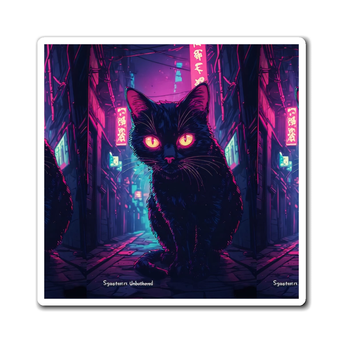 Neon Alley Black Cat Magnet — Cyberpunk Cat Refrigerator Decal