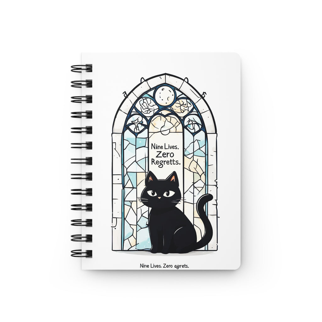 Spiral Journal — "Nine Lives. Zero Regrets." Black Cat Stained Glass Notebook