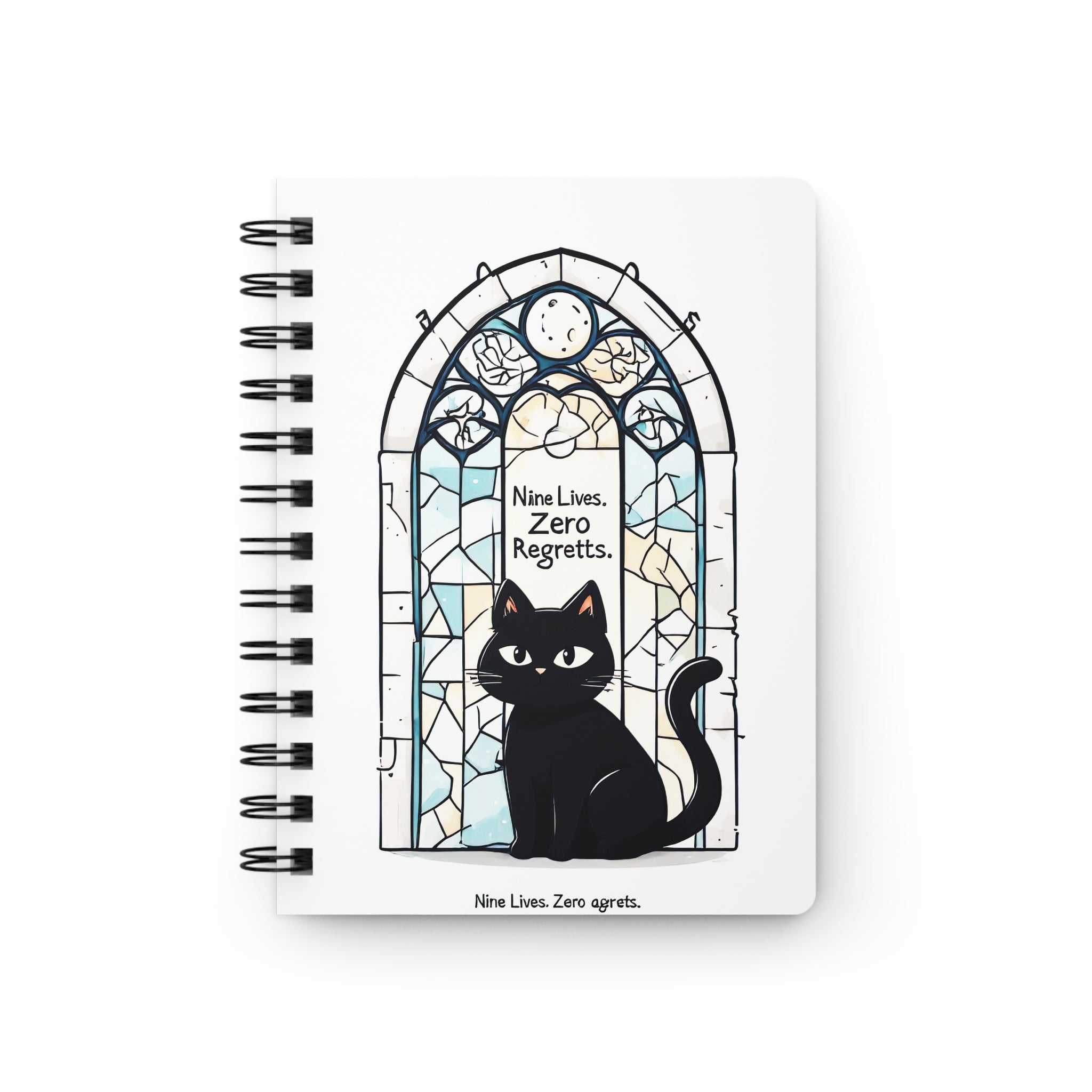Spiral Journal — "Nine Lives. Zero Regrets." Black Cat Stained Glass Notebook