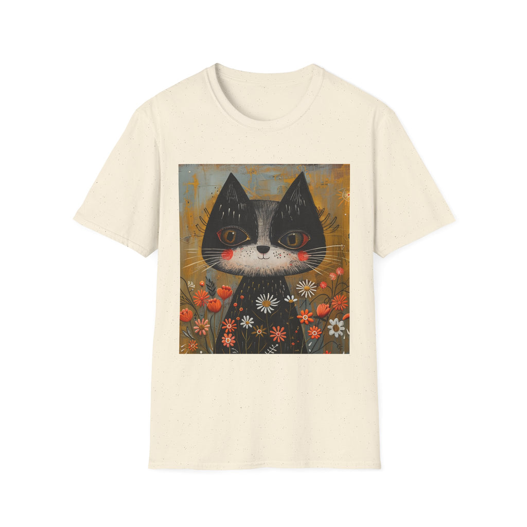 Whimsical Black & White Cat Tee — Cute Floral Portrait T-Shirt