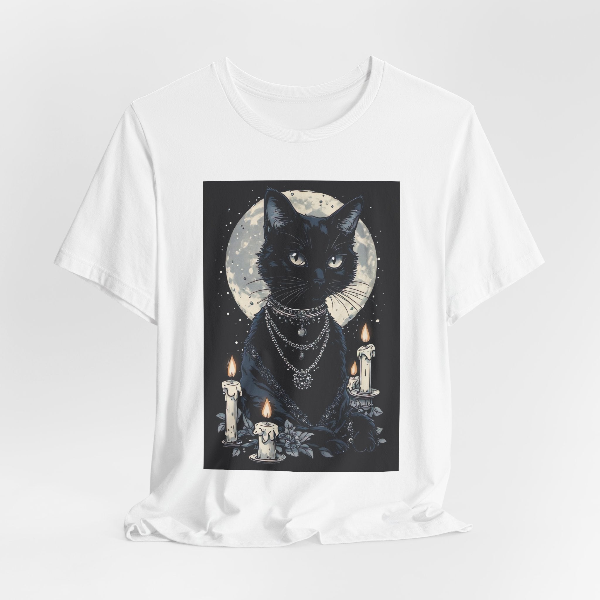 Mystic Moon Black Cat Tee — Gothic Cat T-Shirt with Candles & Crescent Moon