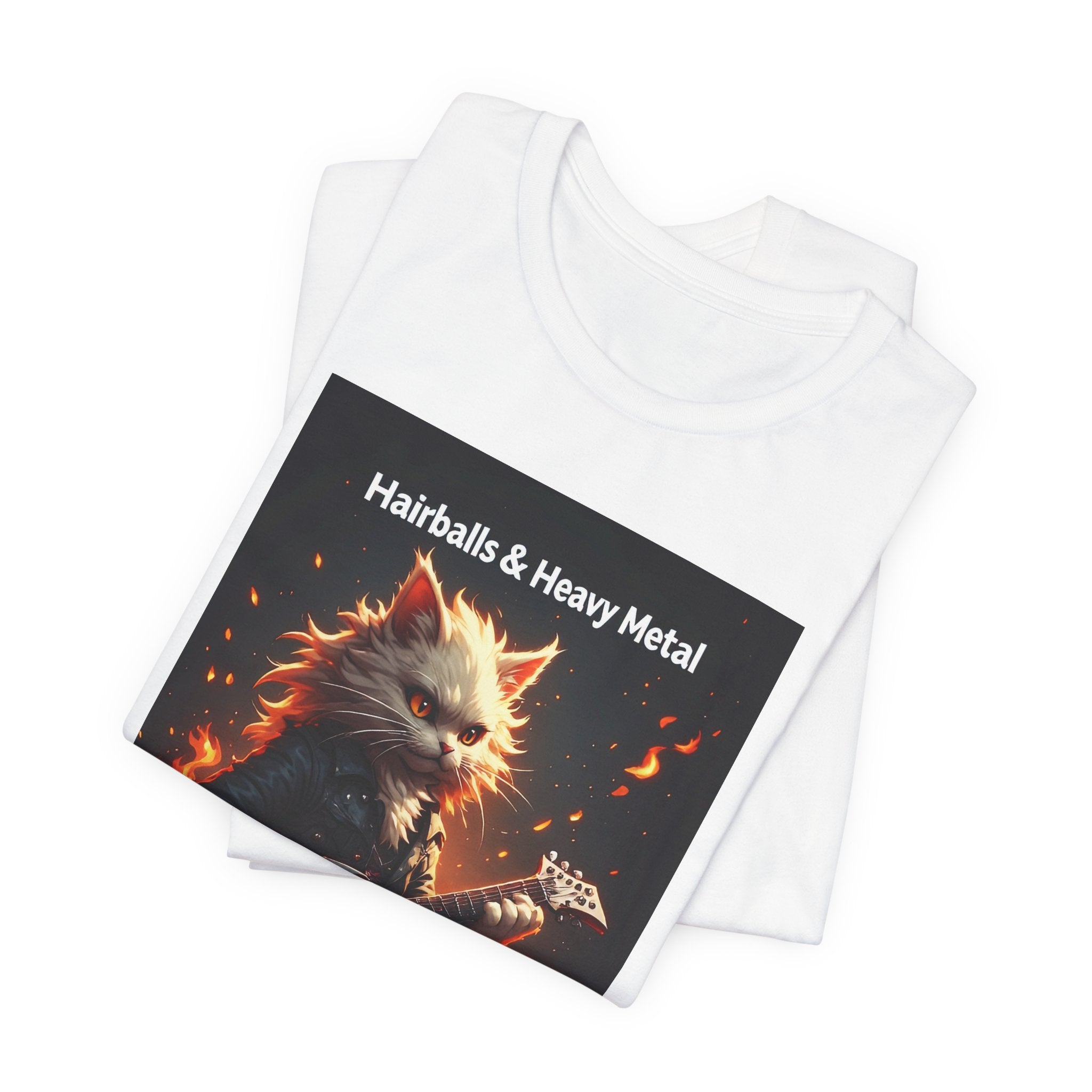 Hairballs & Heavy Metal T-Shirt - Flaming Cat Guitar Rock Tee