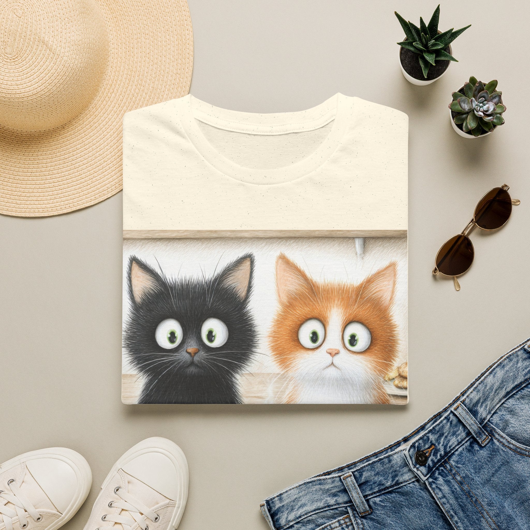 Cute Coffee Cats T‑Shirt — Wide‑Eyed Black & Ginger Kittens Graphic Tee