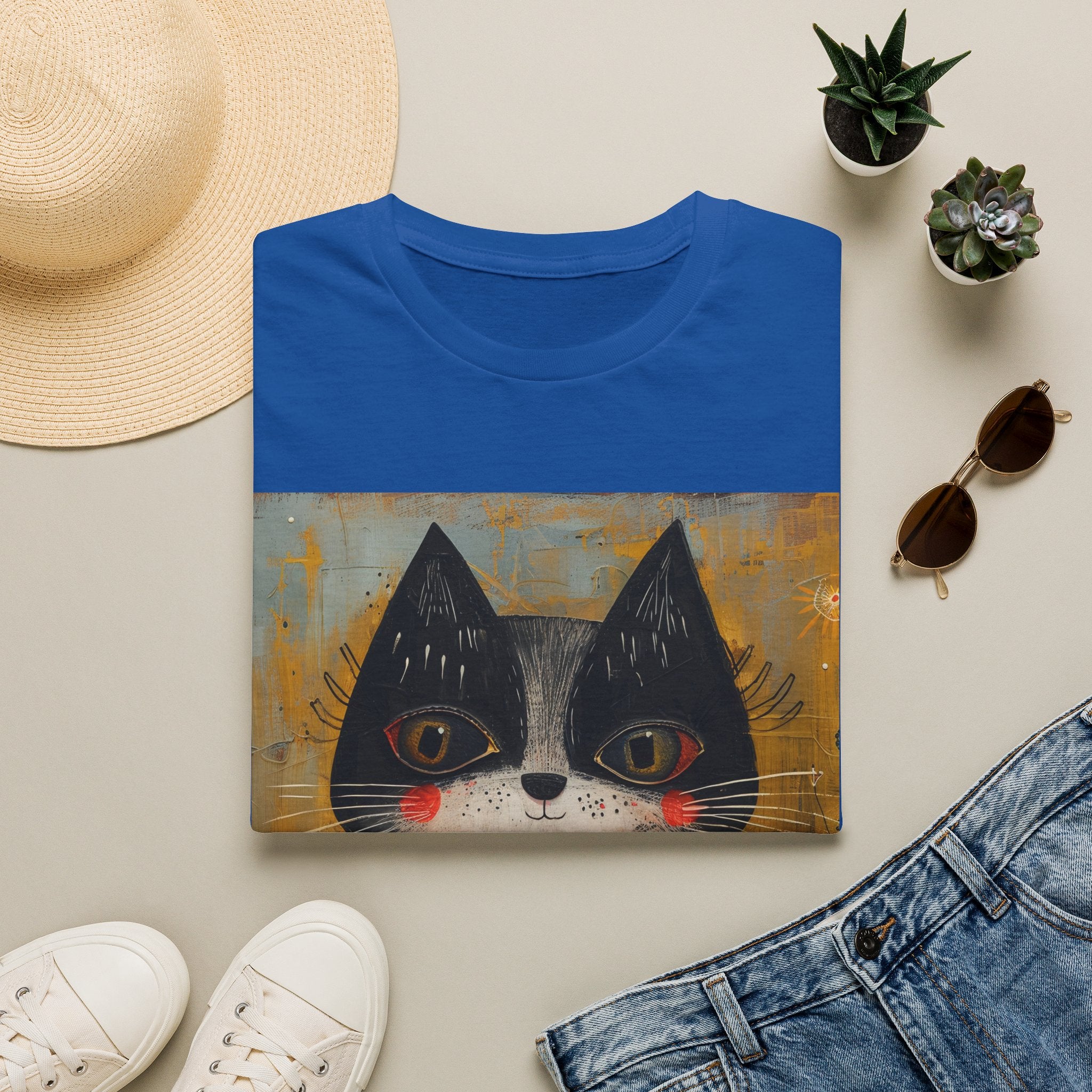 Whimsical Black & White Cat Tee — Cute Floral Portrait T-Shirt