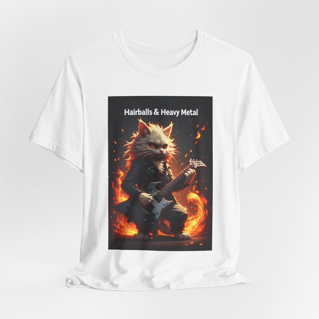 Hairballs & Heavy Metal T-Shirt - Flaming Cat Guitar Rock Tee