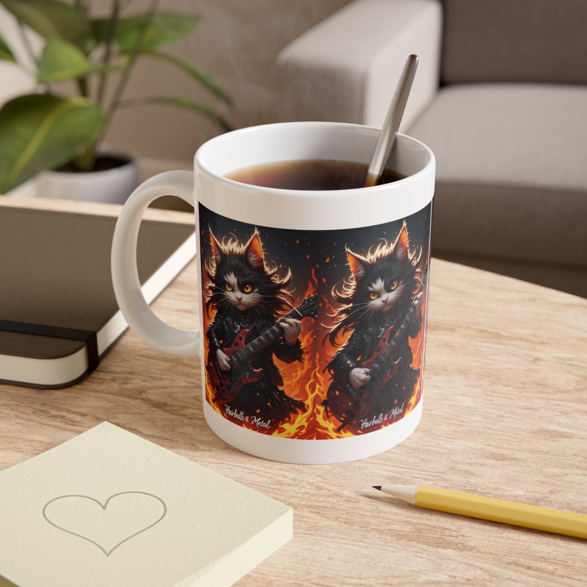 Rock Cat Mug — Cute Black Cat Playing Electric Guitar with Flames, 11oz Ceramic Coffee Cup