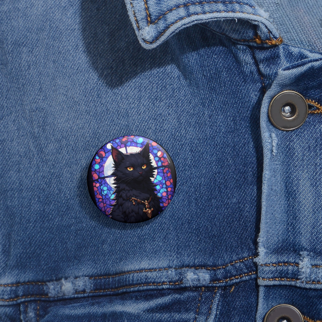 Cat Pin Button — Black Cat Portrait Stained Glass Badge