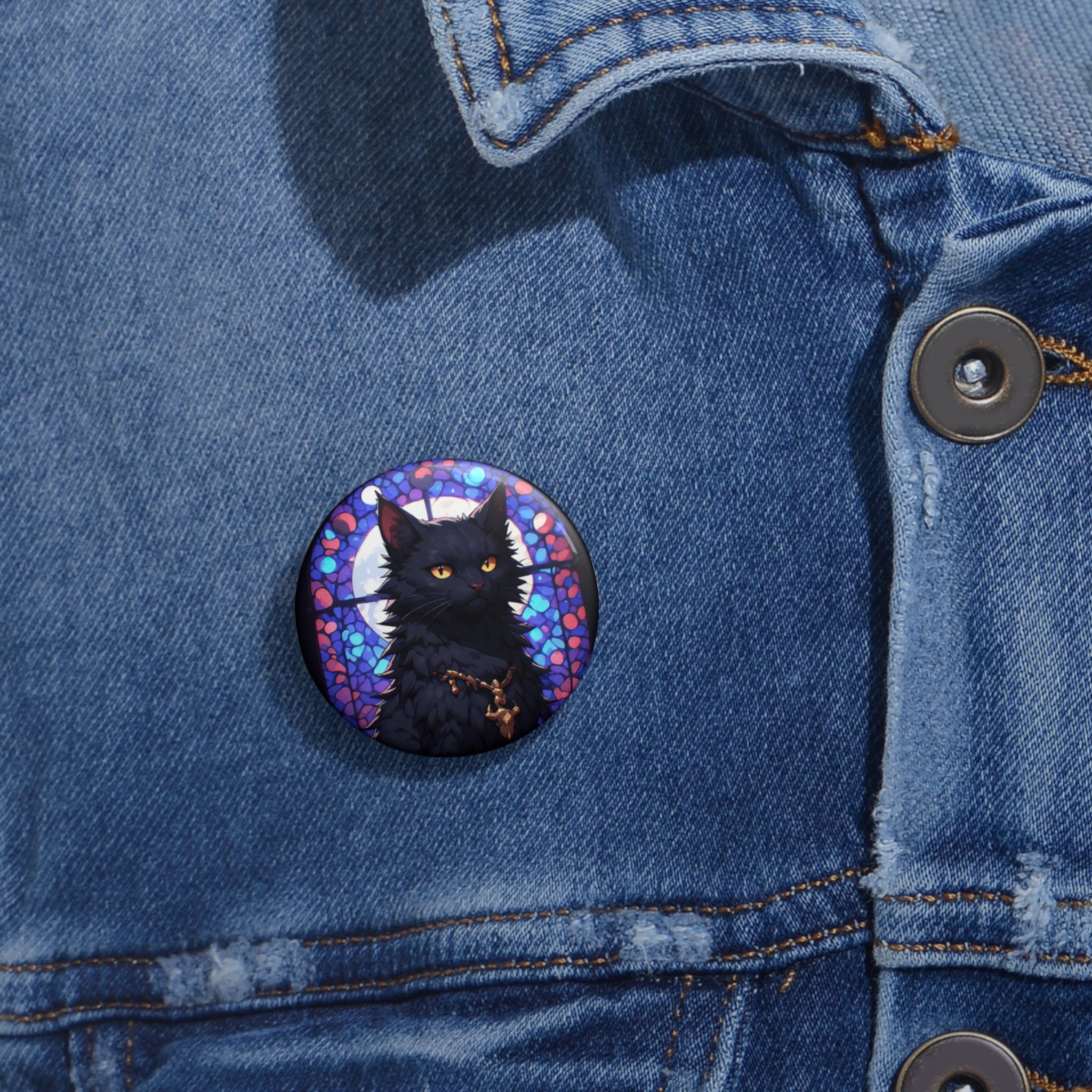 Cat Pin Button — Black Cat Portrait Stained Glass Badge