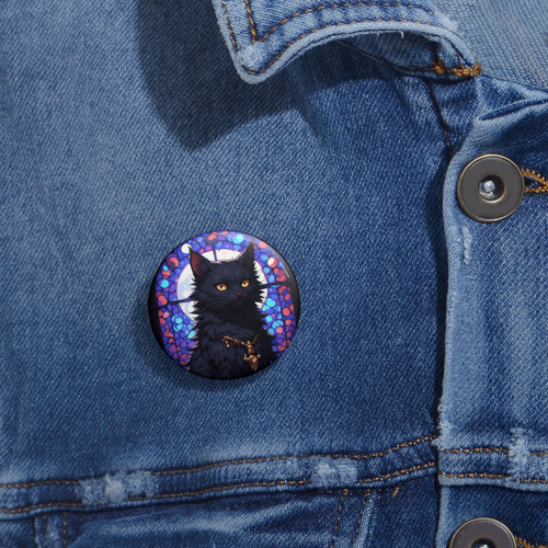 Cat Pin Button — Black Cat Portrait Stained Glass Badge