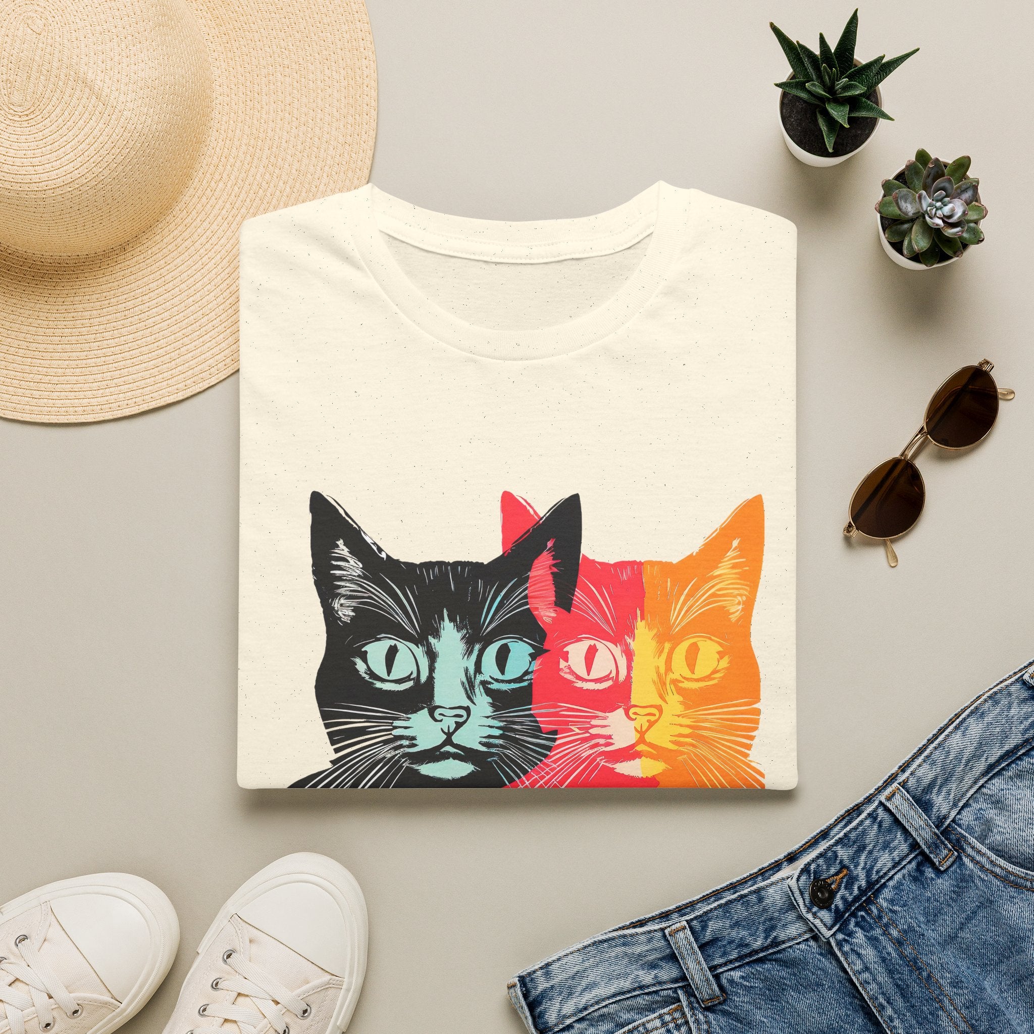 Cat Trio Pop Art T-Shirt — Colorful Retro Feline Graphic Tee