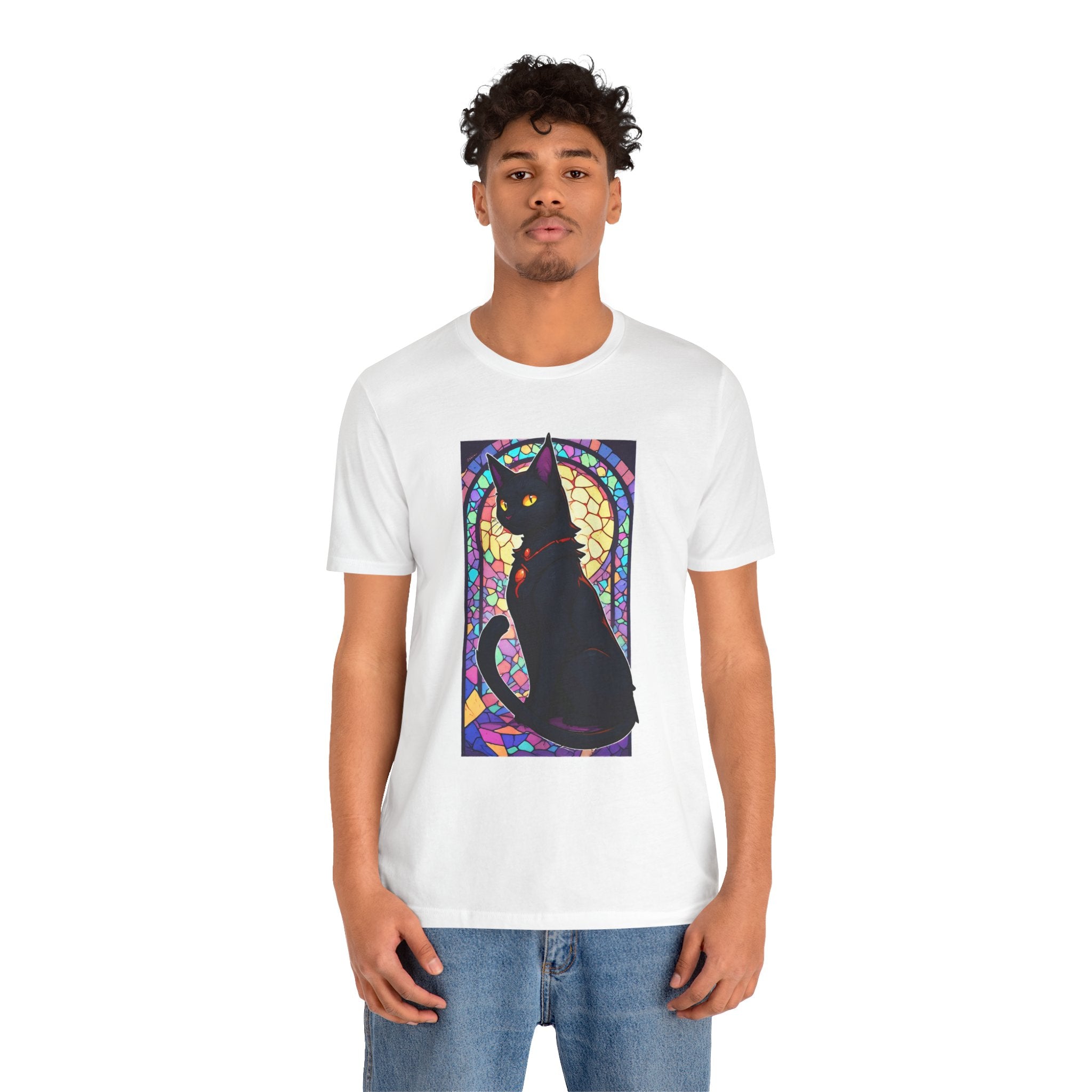 Stained Glass Black Cat T-Shirt — Mystic Gothic Cat Art Tee